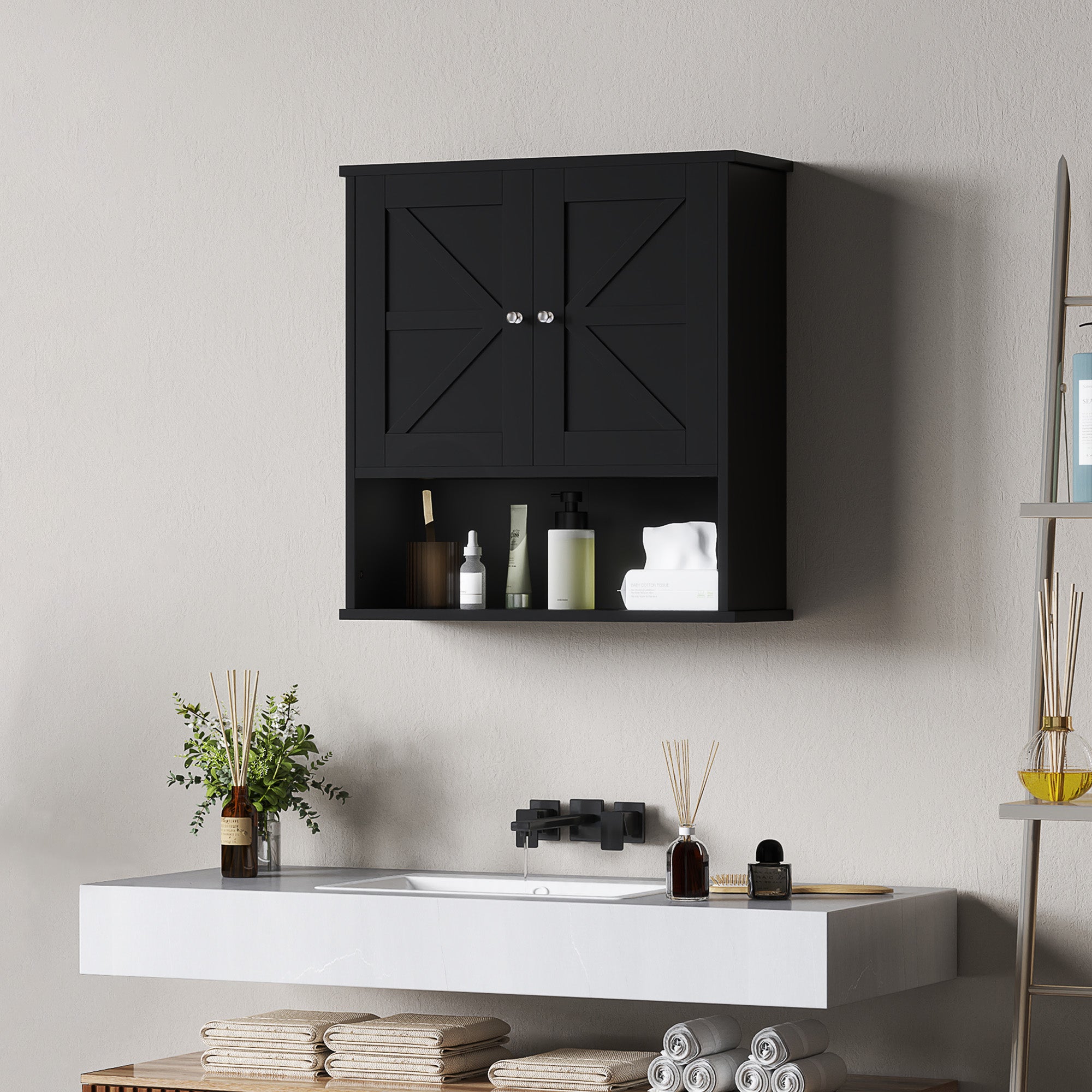 kleankin Farmhouse Bathroom Wall Cabinet, Wall-Mounted Medicine Cabinet with Open Shelf, Adjustable Shelf, and Storage Cabinet for Laundry Room, Black