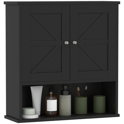 kleankin Farmhouse Bathroom Wall Cabinet, Wall-Mounted Medicine Cabinet with Open Shelf, Adjustable Shelf, and Storage Cabinet for Laundry Room, Black
