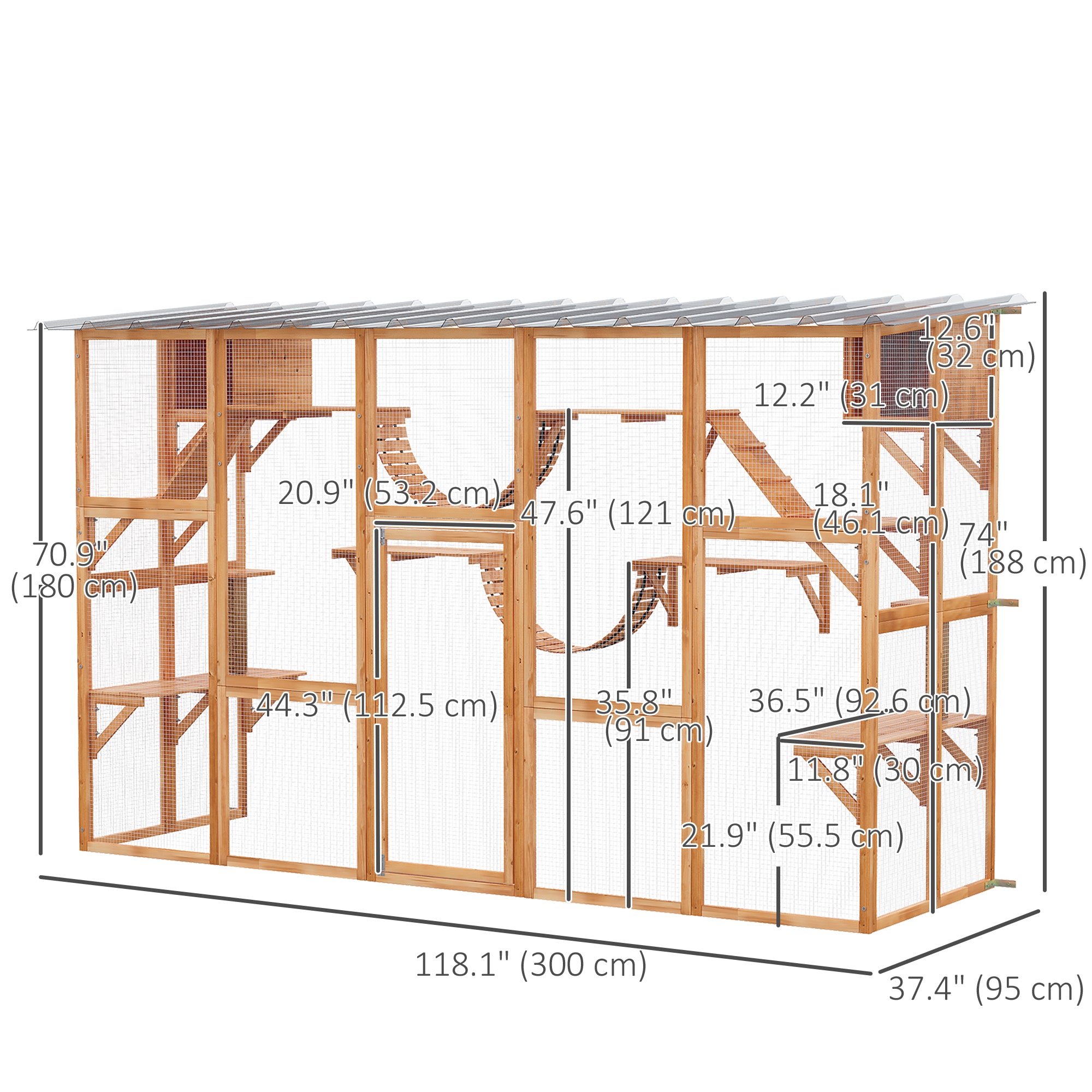 PawHut Catio, Large Outdoor Cat Enclosure with Cat Condos, Platforms, Ladders, Doors, Weather-Resistant Roof, Wooden Cat Cage for 1-4 Cats, Orange