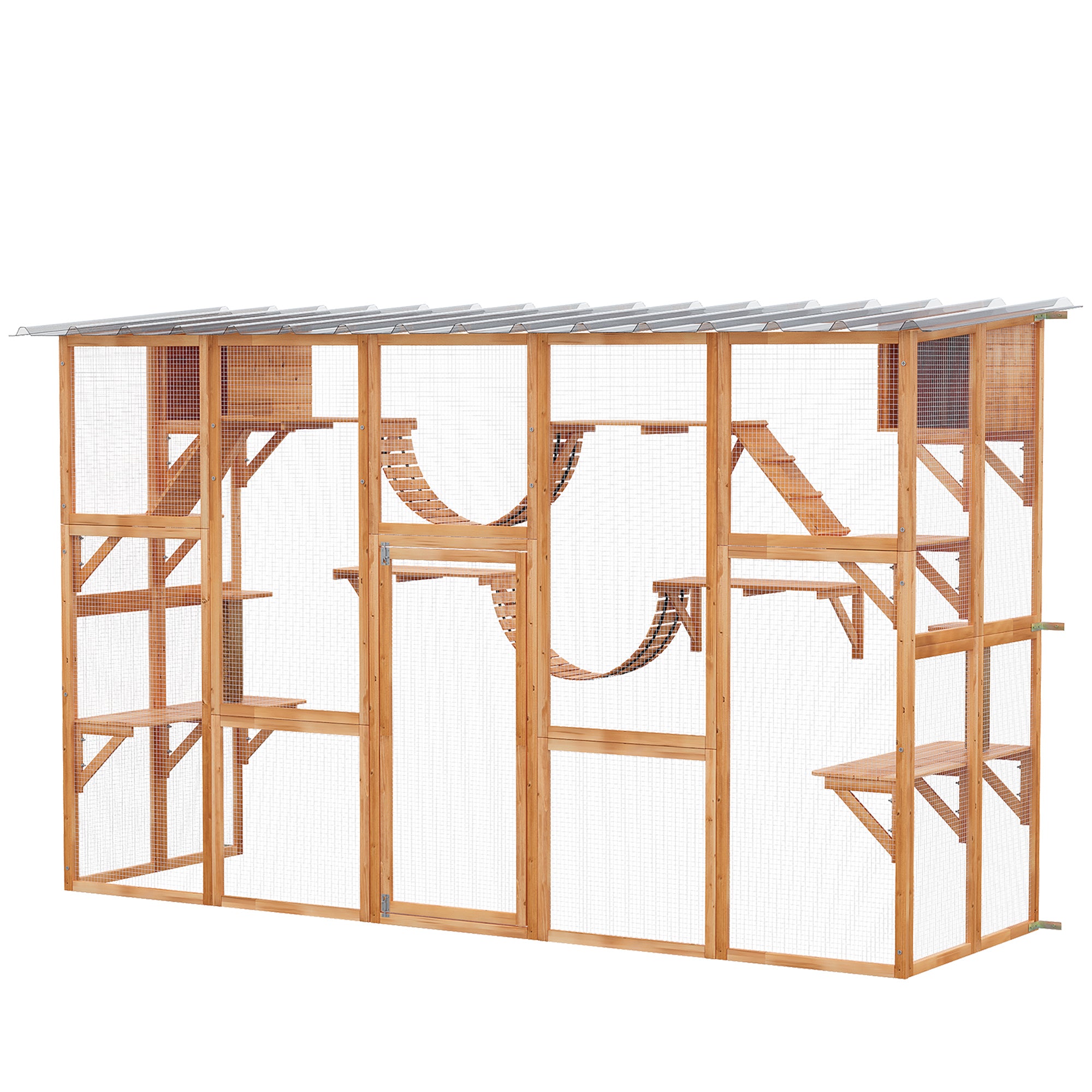 PawHut Catio, Large Outdoor Cat Enclosure with Cat Condos, Platforms, Ladders, Doors, Weather-Resistant Roof, Wooden Cat Cage for 1-4 Cats, Orange