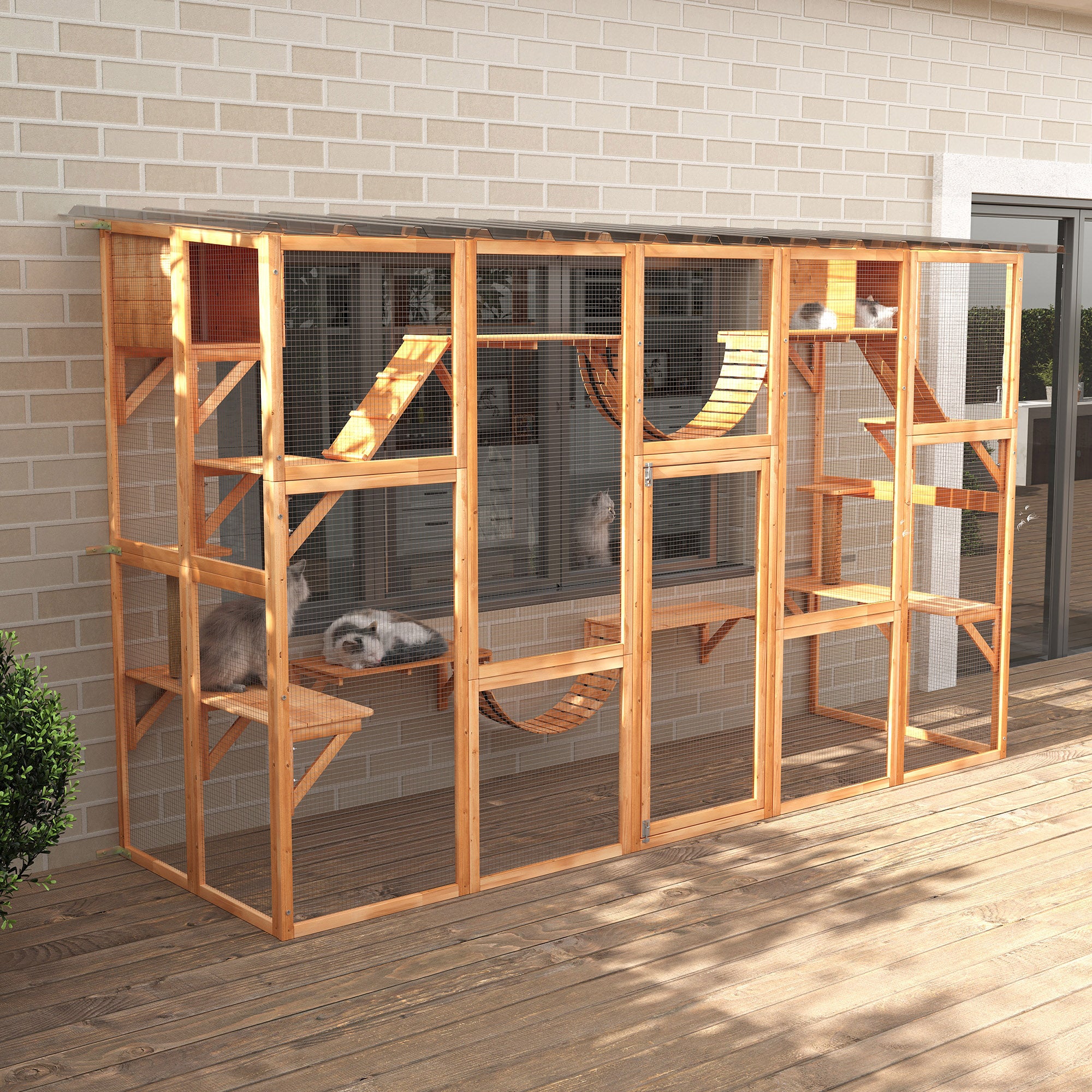 PawHut Catio, Large Outdoor Cat Enclosure with Cat Condos, Platforms, Ladders, Doors, Weather-Resistant Roof, Wooden Cat Cage for 1-4 Cats, Orange