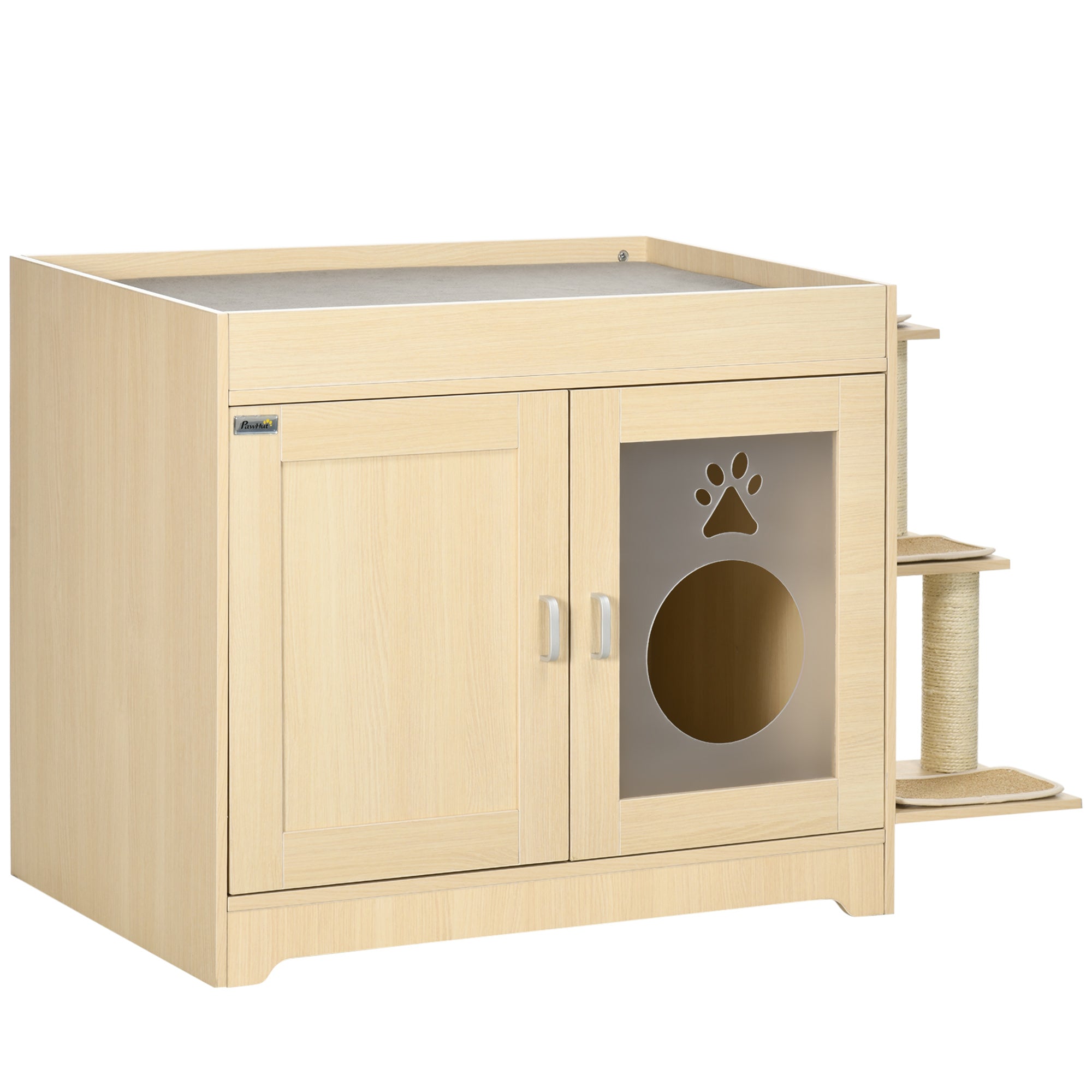 PawHut 3-in-1 Cat Litter Box Enclosure & Elevated Cat Bed Tree with Scratching Posts for Large & Small Kitties, Hidden Cat Litter Cabinet with Double Doors, Soft Cushion