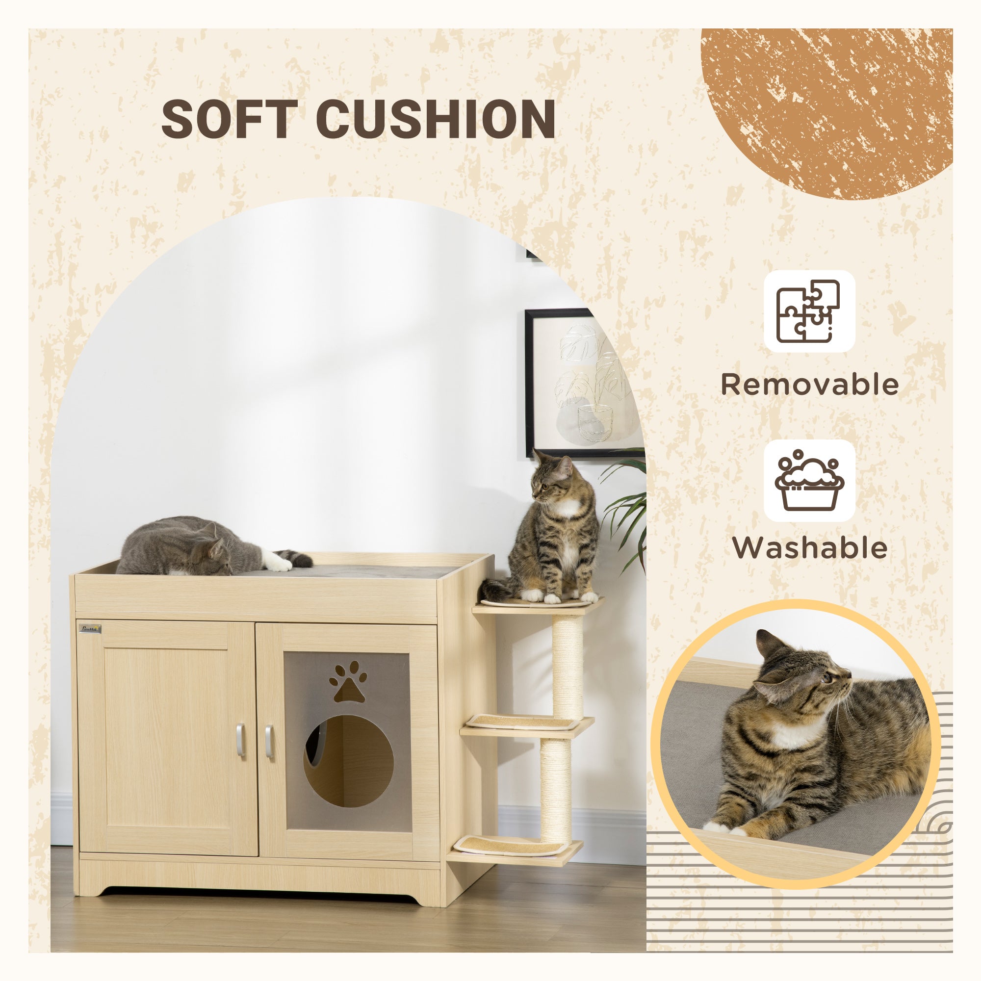 PawHut 3-in-1 Cat Litter Box Enclosure & Elevated Cat Bed Tree with Scratching Posts for Large & Small Kitties, Hidden Cat Litter Cabinet with Double Doors, Soft Cushion