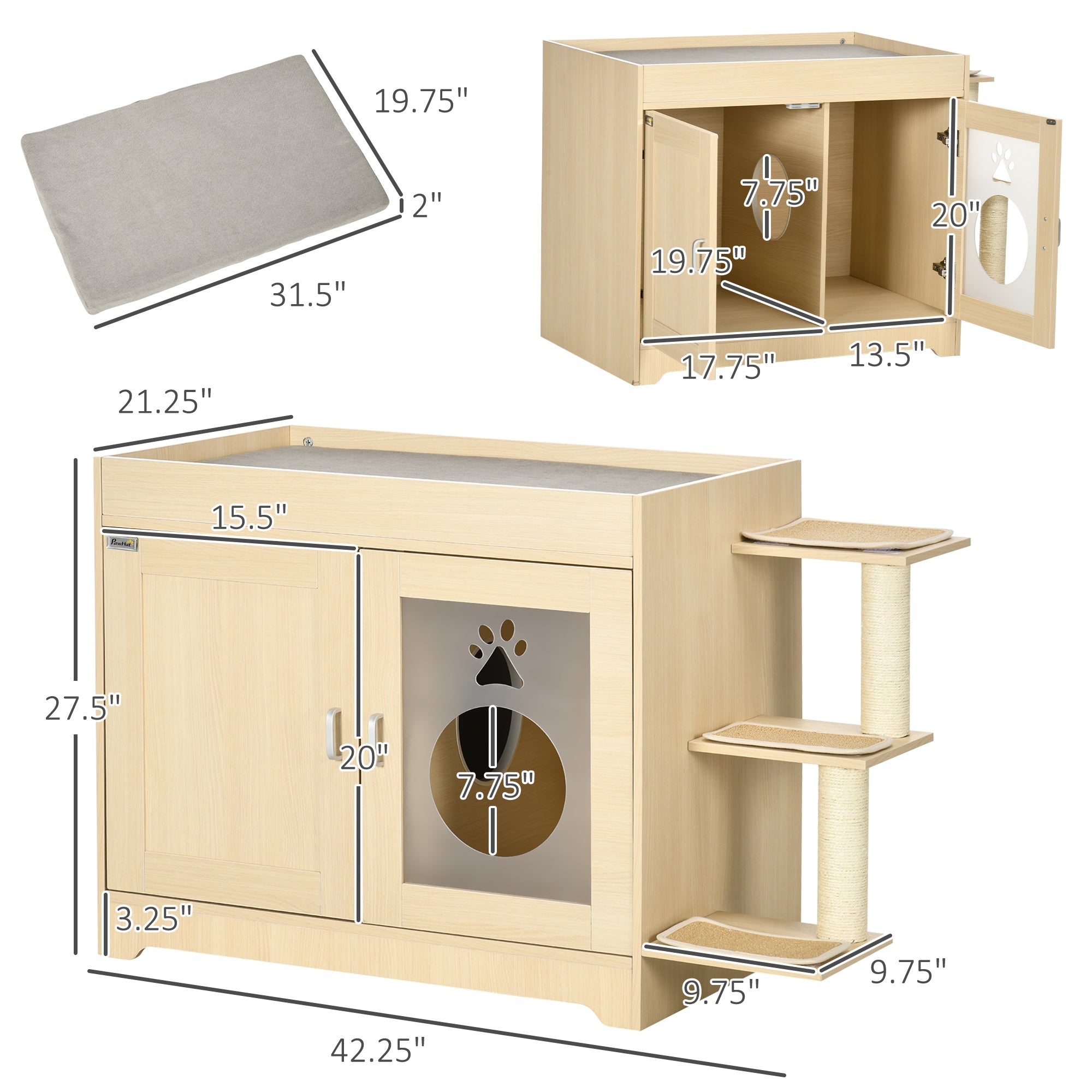PawHut 3-in-1 Cat Litter Box Enclosure & Elevated Cat Bed Tree with Scratching Posts for Large & Small Kitties, Hidden Cat Litter Cabinet with Double Doors, Soft Cushion