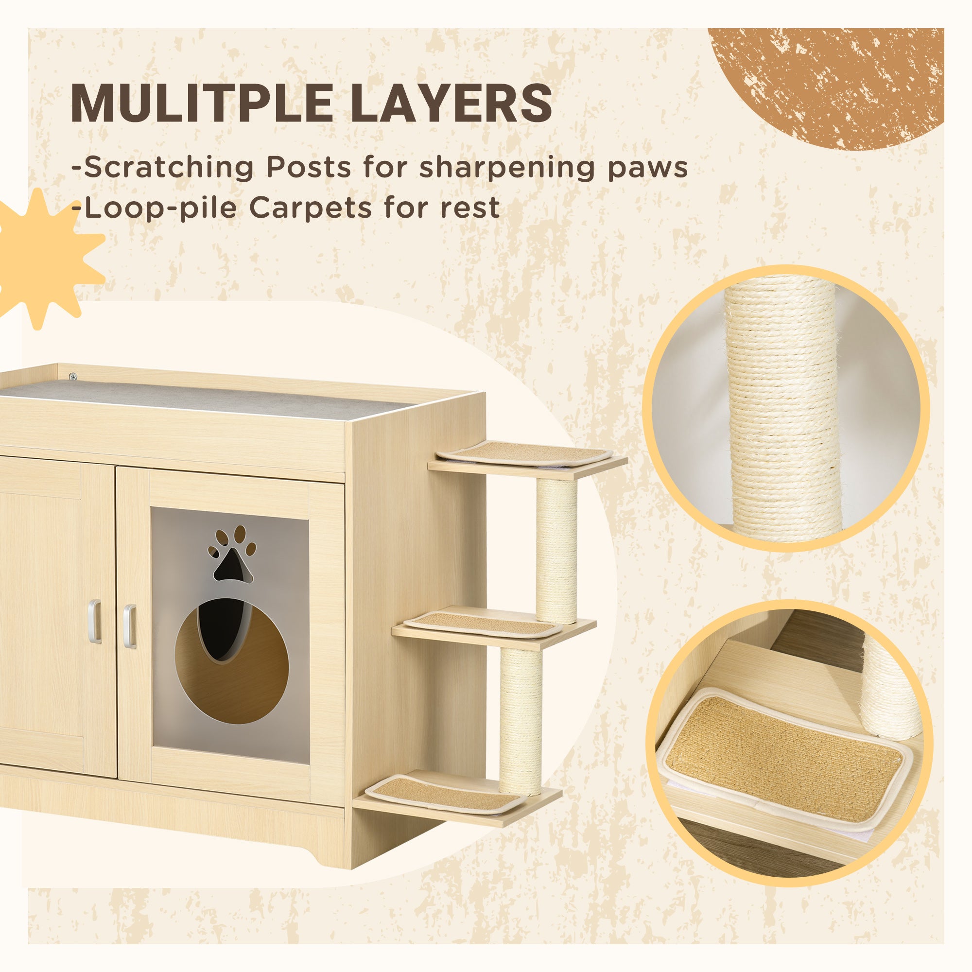 PawHut 3-in-1 Cat Litter Box Enclosure & Elevated Cat Bed Tree with Scratching Posts for Large & Small Kitties, Hidden Cat Litter Cabinet with Double Doors, Soft Cushion