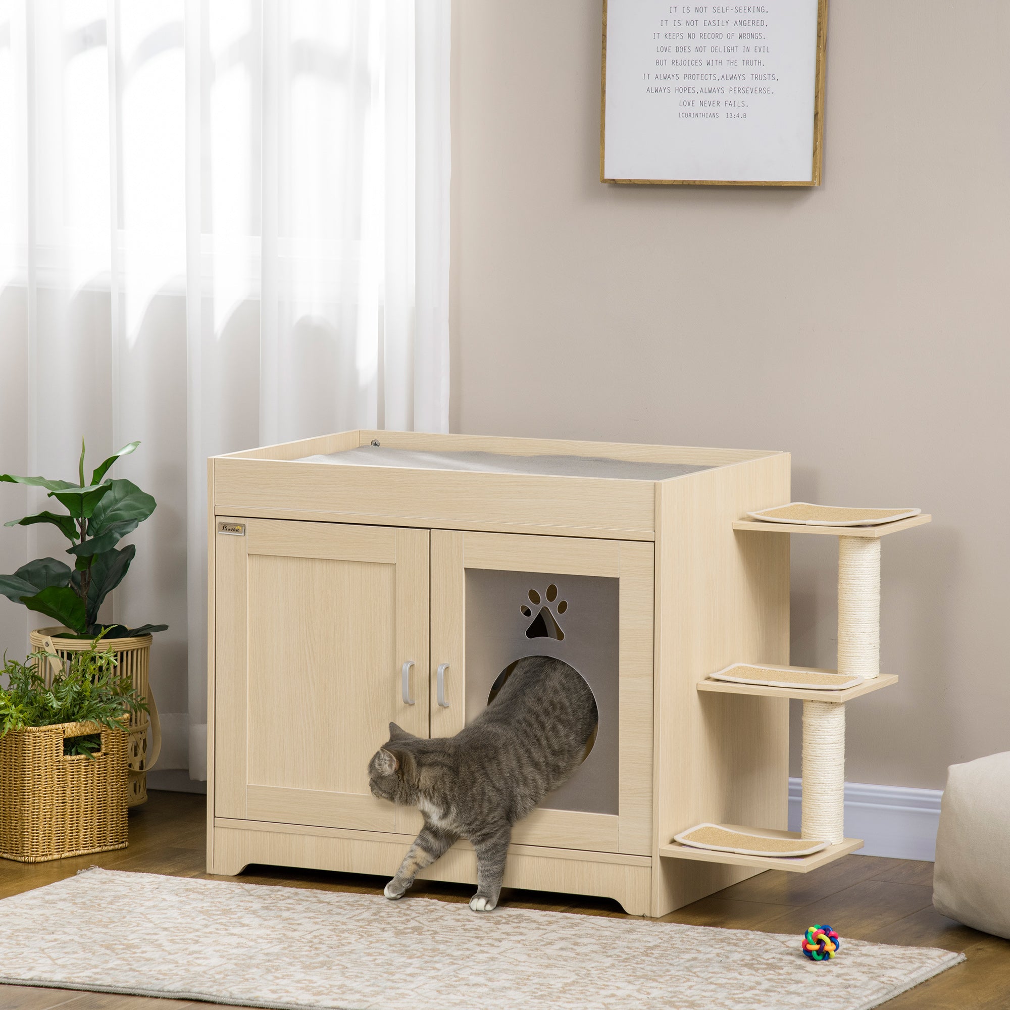 PawHut 3-in-1 Cat Litter Box Enclosure & Elevated Cat Bed Tree with Scratching Posts for Large & Small Kitties, Hidden Cat Litter Cabinet with Double Doors, Soft Cushion