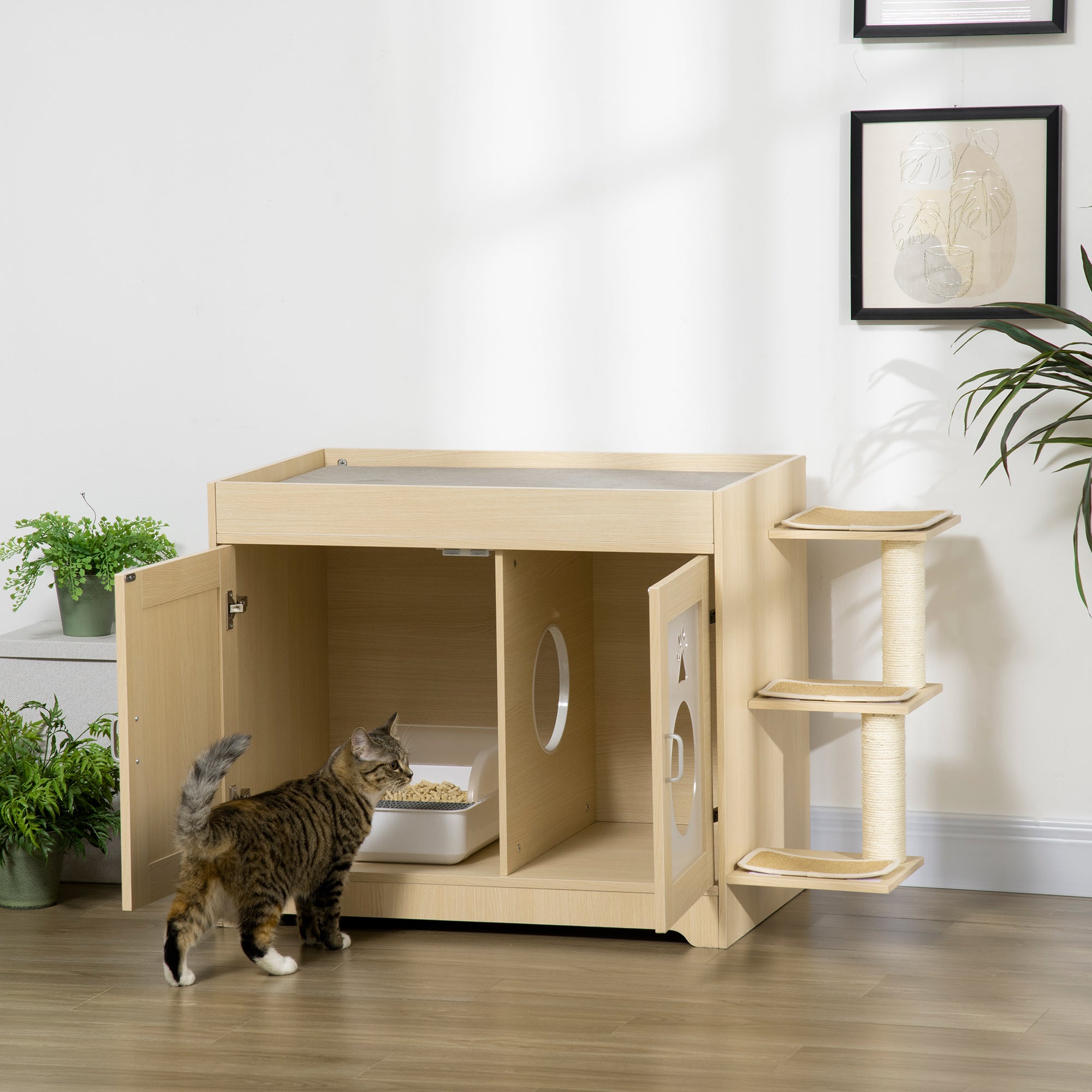 PawHut 3-in-1 Cat Litter Box Enclosure & Elevated Cat Bed Tree with Scratching Posts for Large & Small Kitties, Hidden Cat Litter Cabinet with Double Doors, Soft Cushion