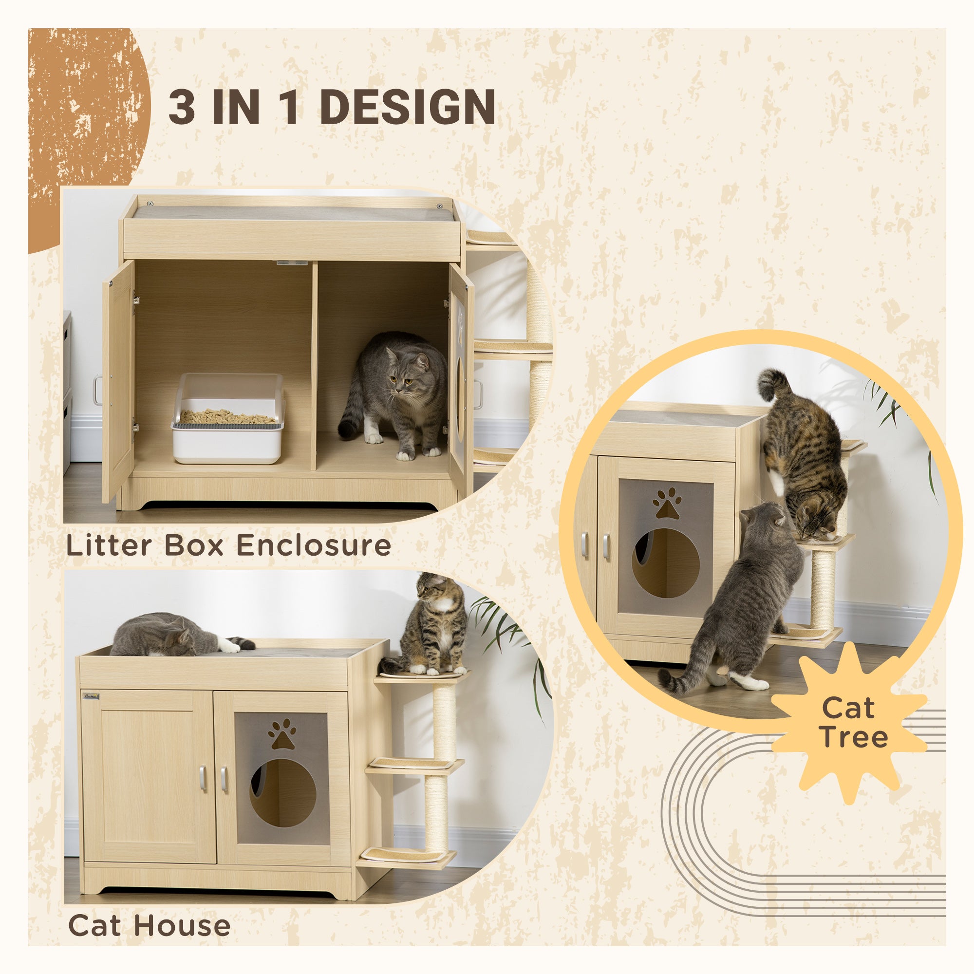 PawHut 3-in-1 Cat Litter Box Enclosure & Elevated Cat Bed Tree with Scratching Posts for Large & Small Kitties, Hidden Cat Litter Cabinet with Double Doors, Soft Cushion