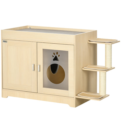 PawHut 3-in-1 Cat Litter Box Enclosure & Elevated Cat Bed Tree with Scratching Posts for Large & Small Kitties, Hidden Cat Litter Cabinet with Double Doors, Soft Cushion