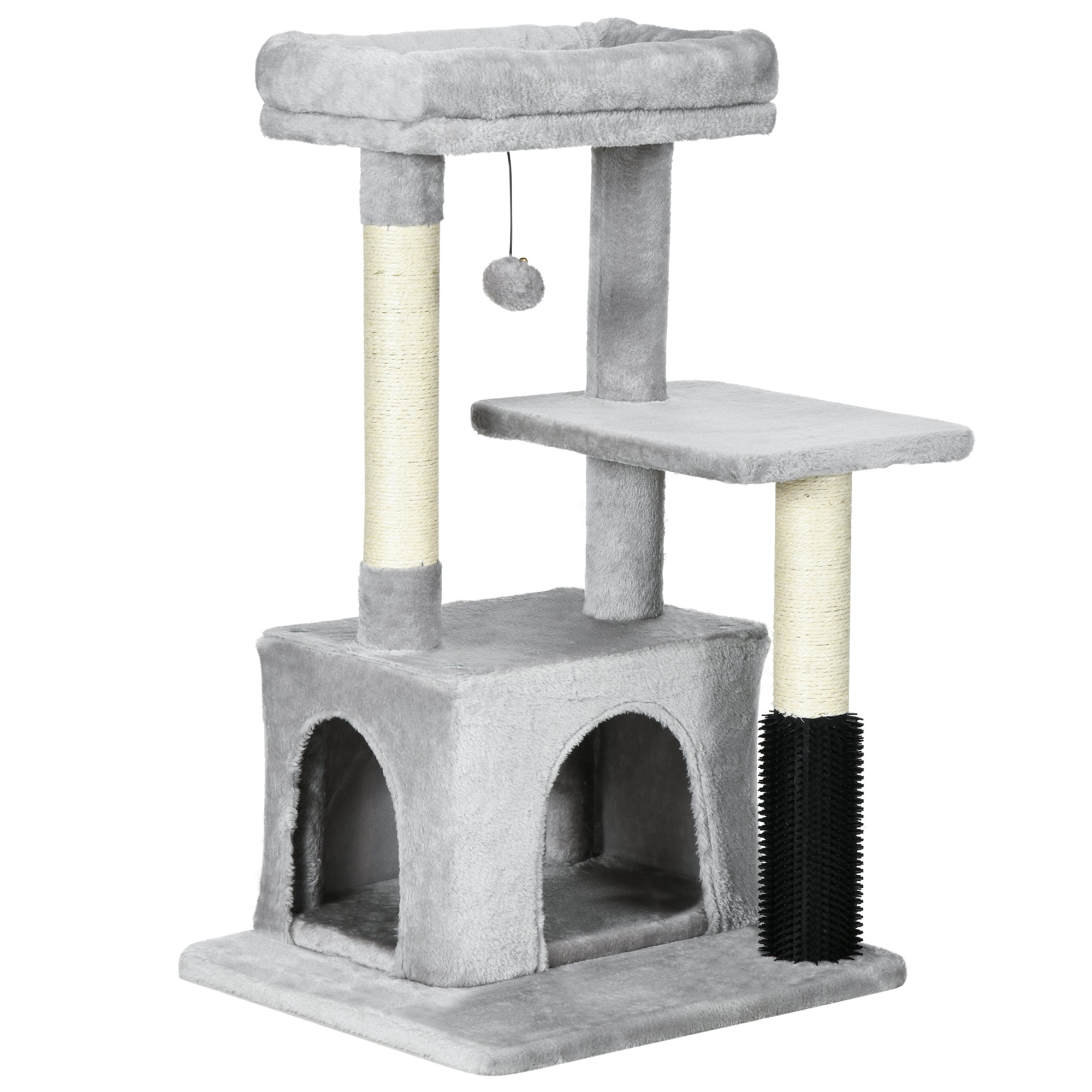 PawHut Cat Tree for Indoor Cats Climbing Tower Kitten Scratch Post Activity Center Kitten with Massage Toy Hanging Ball Bed Condo Perch 48 x 48 x 85cm Grey