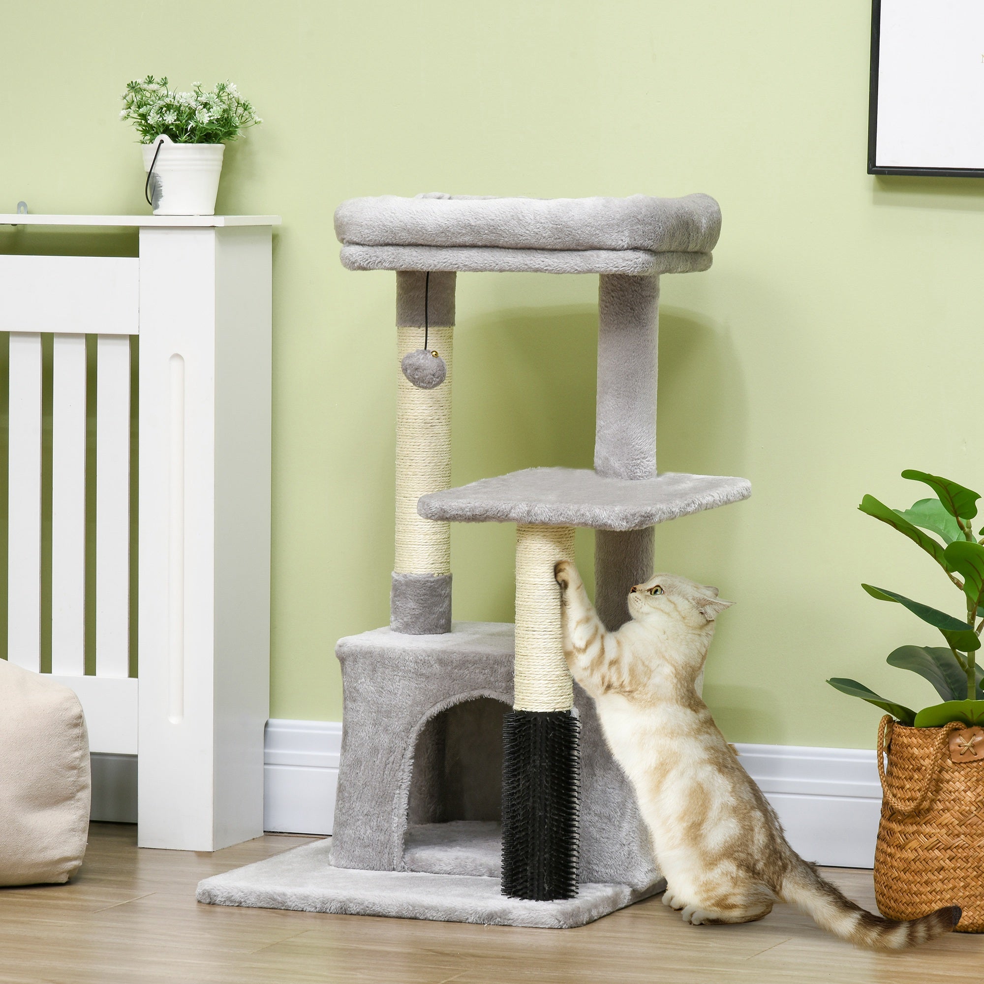PawHut Cat Tree for Indoor Cats Climbing Tower Kitten Scratch Post Activity Center Kitten with Massage Toy Hanging Ball Bed Condo Perch 48 x 48 x 85cm Grey