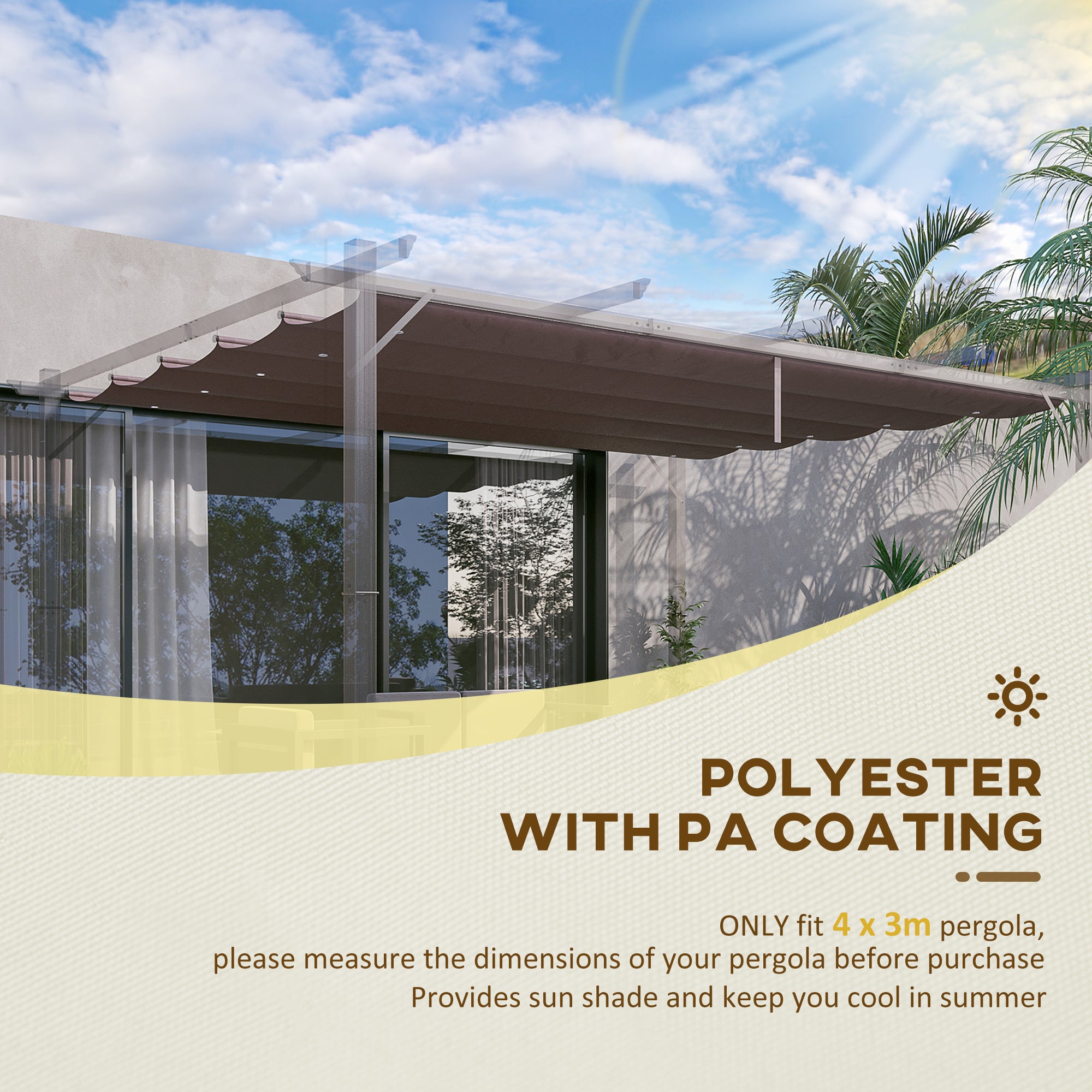 Outsunny Retractable Replacement Pergola Canopy for 10' x 13' Pergola, Pergola Cover Replacement, Coffee