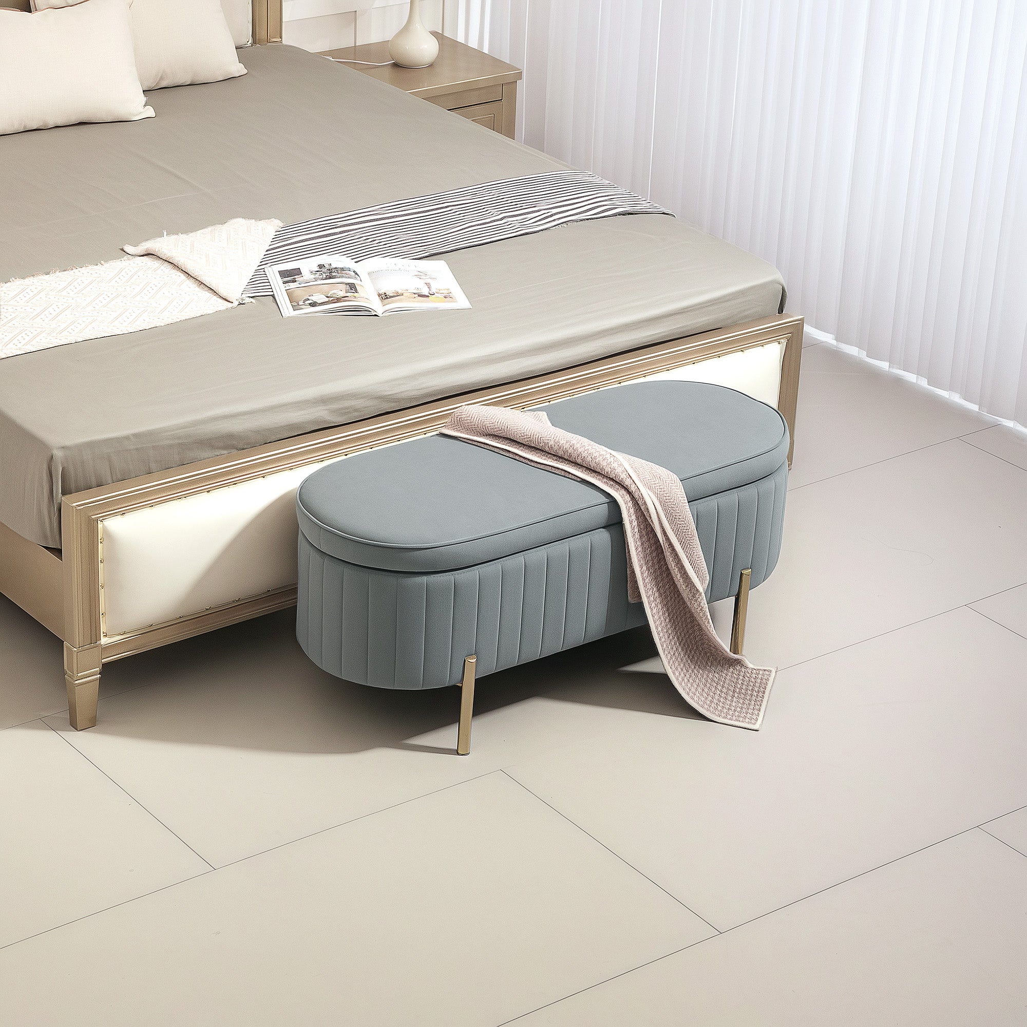 HOMCOM Upholstered Bedroom Bench, Channel Tufted Storage Bench, Bench Seat with Thick Padding and Metal Legs, Ottoman Bench for Bedroom Living Room, Hallway, Grey