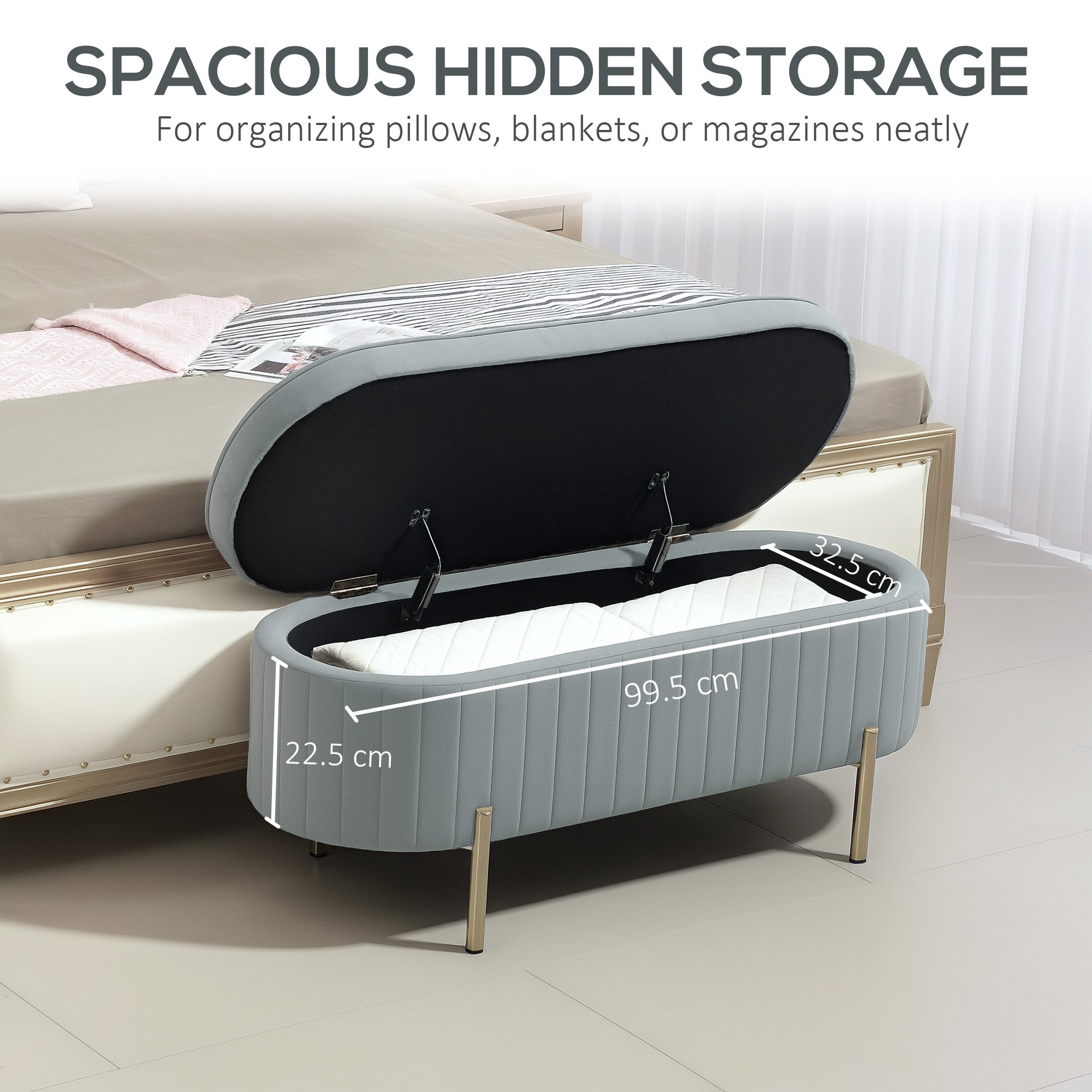 HOMCOM Upholstered Bedroom Bench, Channel Tufted Storage Bench, Bench Seat with Thick Padding and Metal Legs, Ottoman Bench for Bedroom Living Room, Hallway, Grey