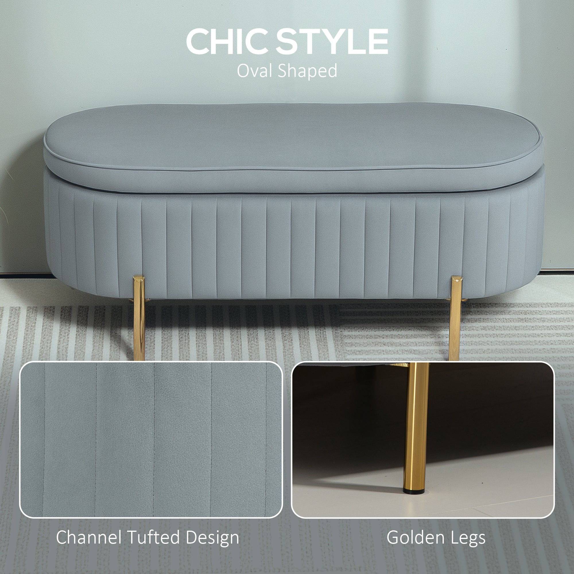 HOMCOM Upholstered Bedroom Bench, Channel Tufted Storage Bench, Bench Seat with Thick Padding and Metal Legs, Ottoman Bench for Bedroom Living Room, Hallway, Grey