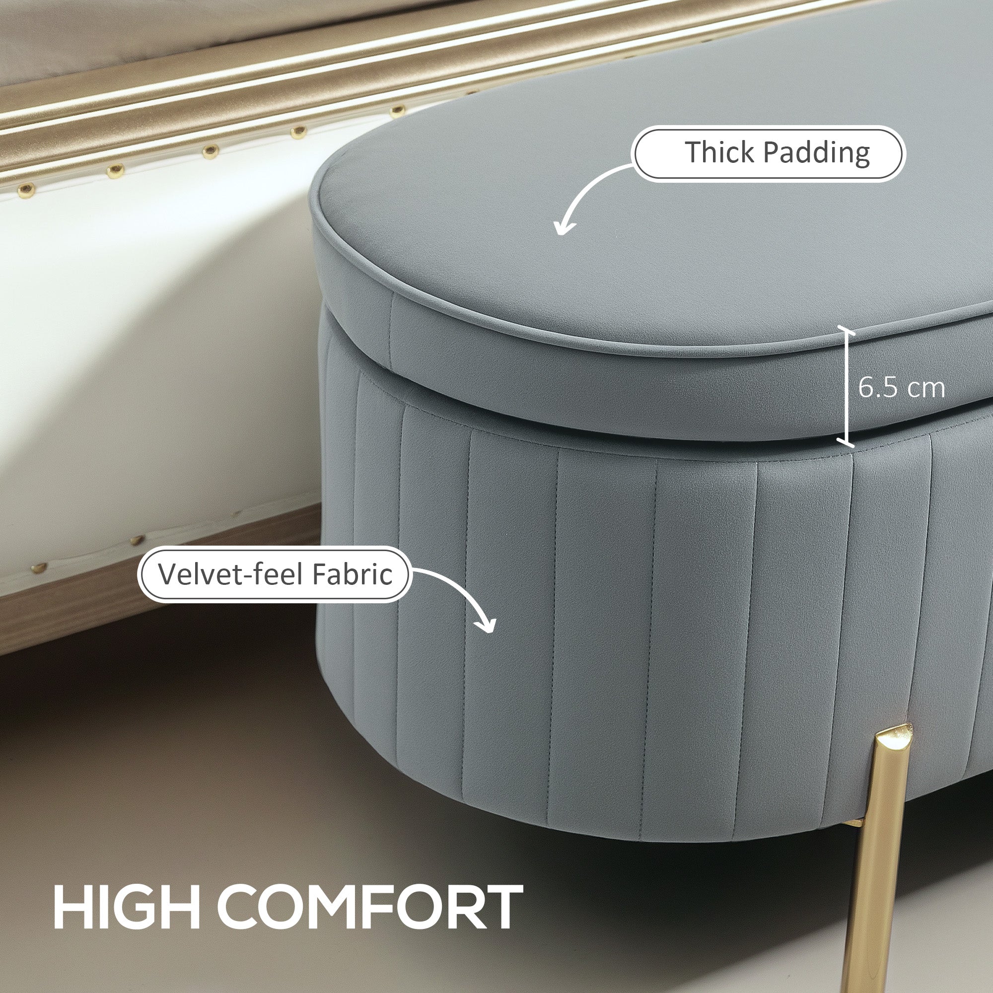 HOMCOM Upholstered Bedroom Bench, Channel Tufted Storage Bench, Bench Seat with Thick Padding and Metal Legs, Ottoman Bench for Bedroom Living Room, Hallway, Grey