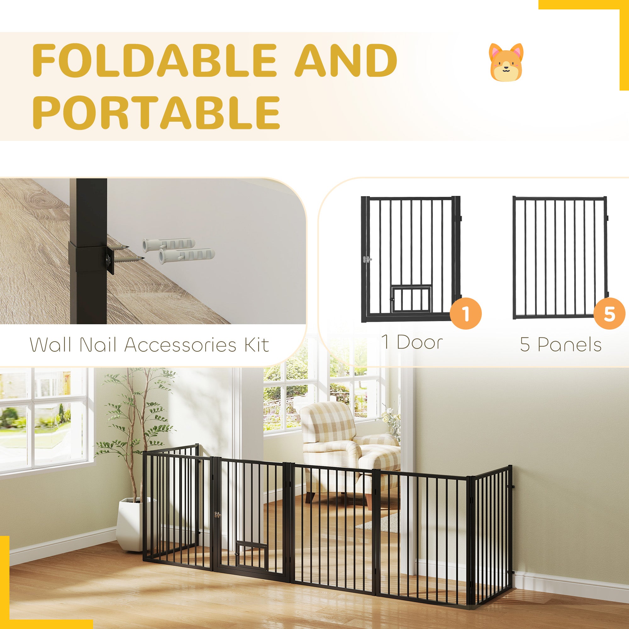 PawHut Dog Playpen, 30"H Pet Playpen, 6 Panels Puppy Exercise Pen Heavy Duty with Dog Gate & Cat Door, Indoor Outdoor Foldable Portable Dog Fence for Small & Medium Dogs