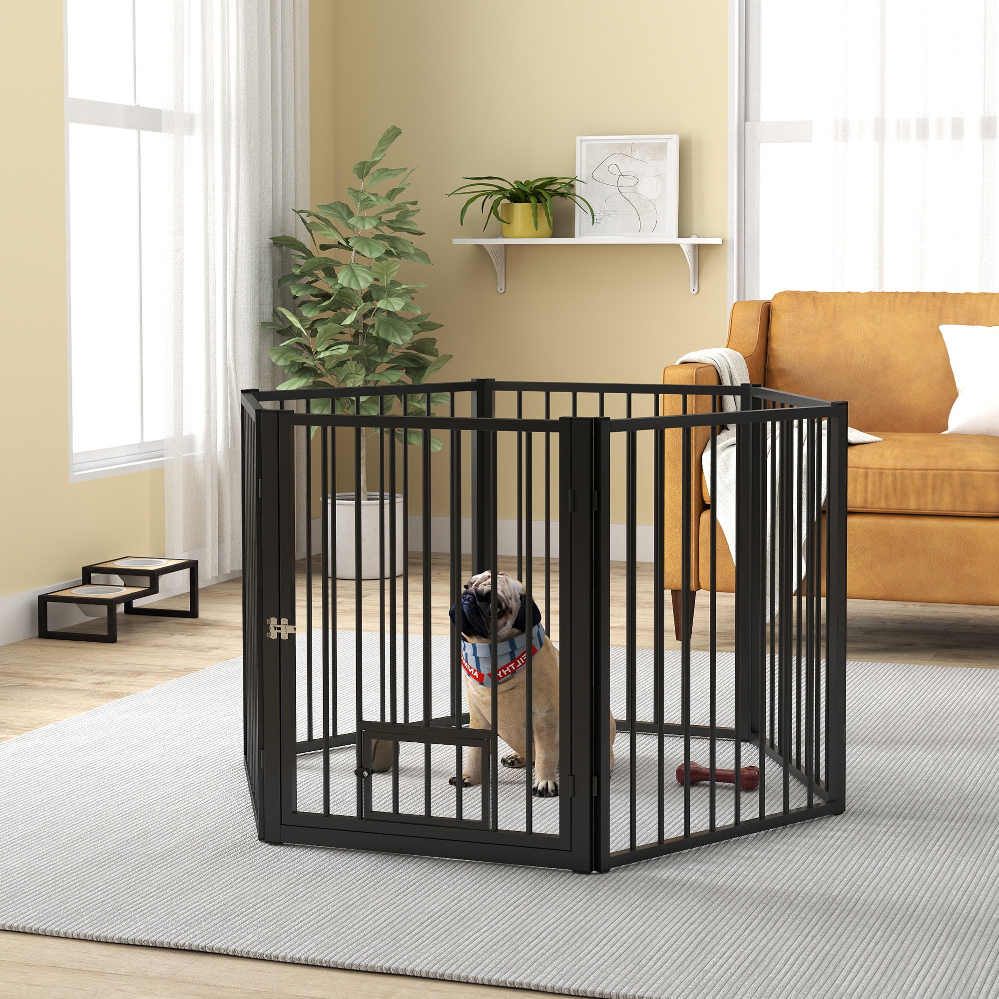 PawHut Dog Playpen, 30"H Pet Playpen, 6 Panels Puppy Exercise Pen Heavy Duty with Dog Gate & Cat Door, Indoor Outdoor Foldable Portable Dog Fence for Small & Medium Dogs