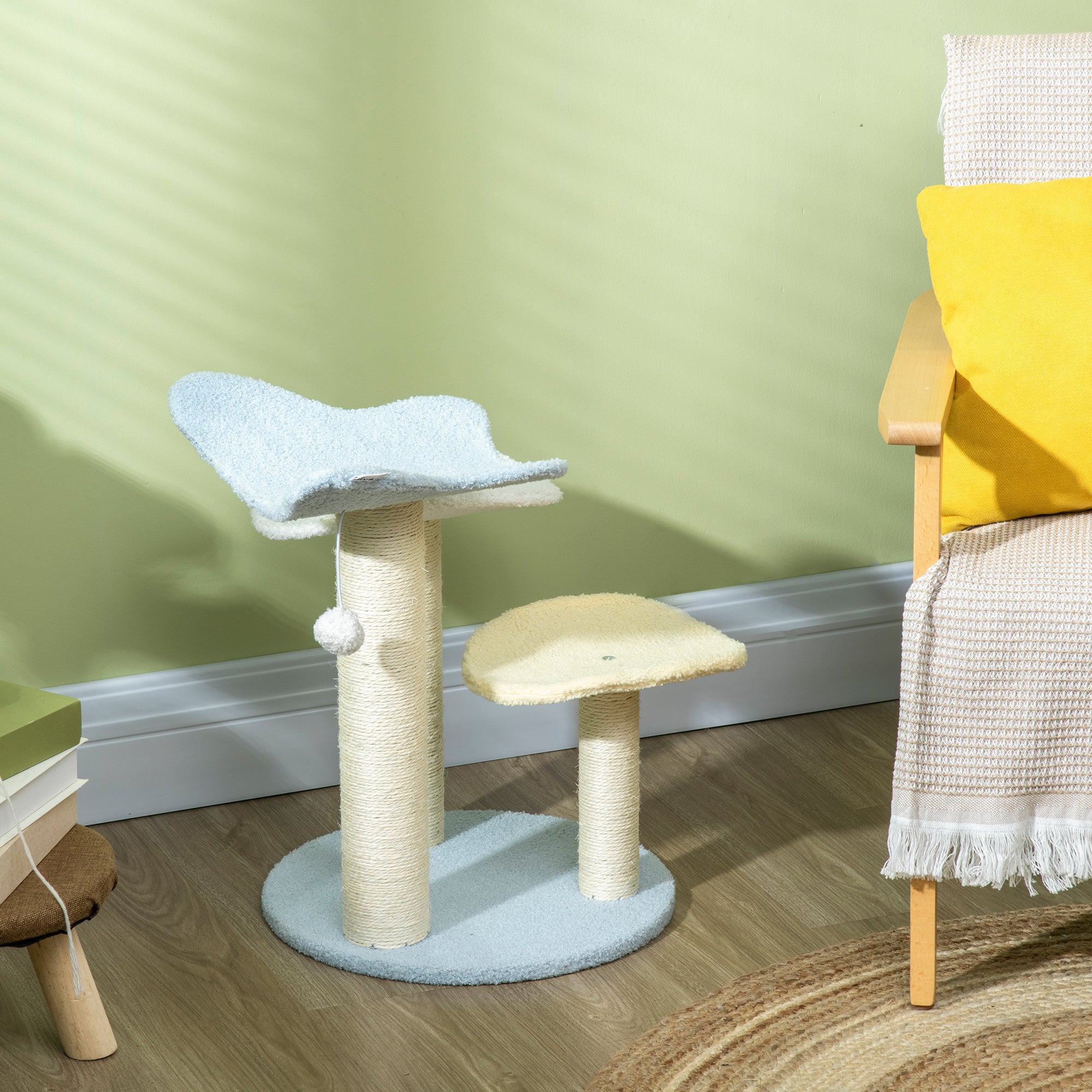 PawHut 54cm Cat Tower for Indoor Cats, Cat Tree Top Butterfly Shape Kitten Play Tower w/ Sisal Scratching Post, Toy Ball, 40 x 40 x 54cm - Blue and Cream