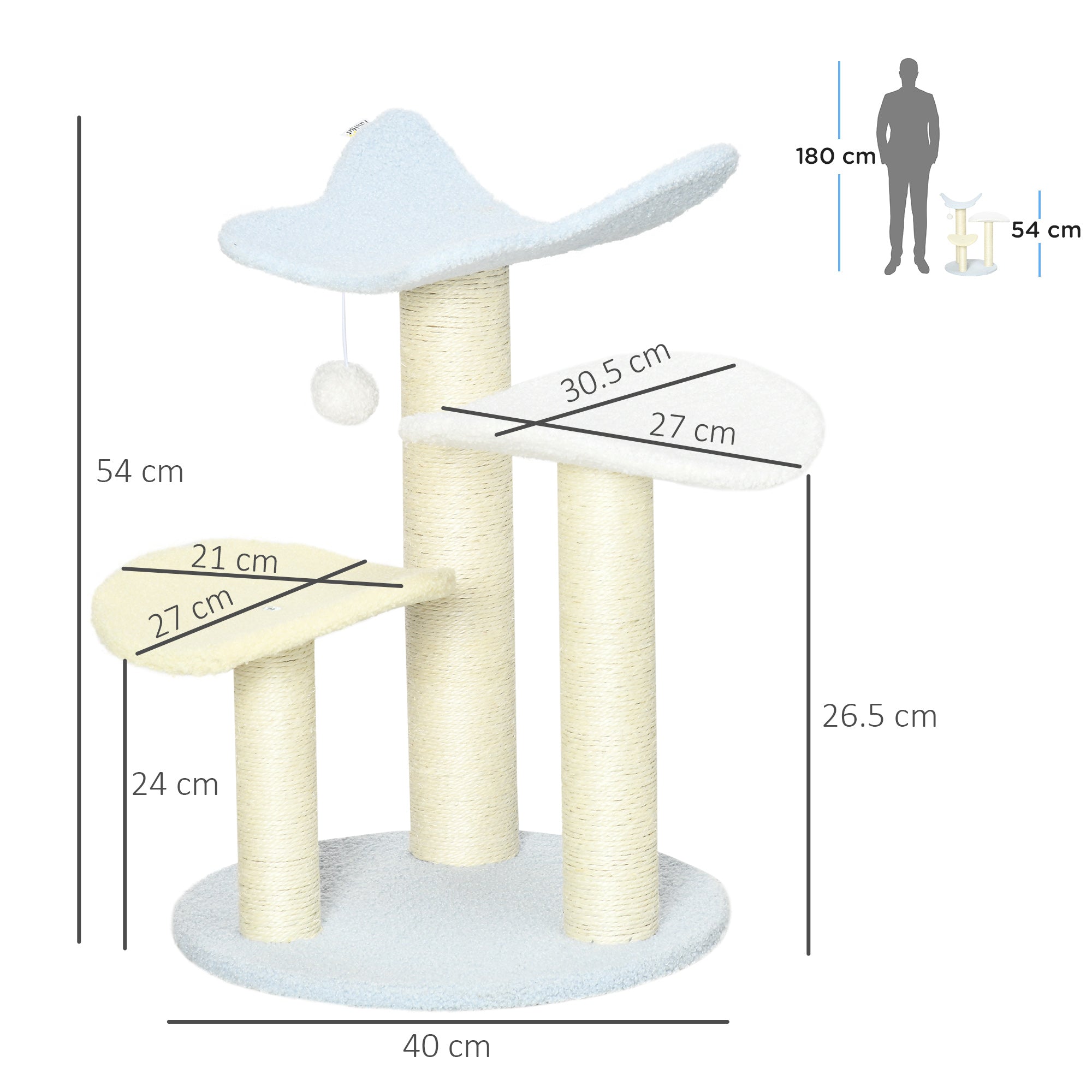 PawHut 54cm Cat Tower for Indoor Cats, Cat Tree Top Butterfly Shape Kitten Play Tower w/ Sisal Scratching Post, Toy Ball, 40 x 40 x 54cm - Blue and Cream