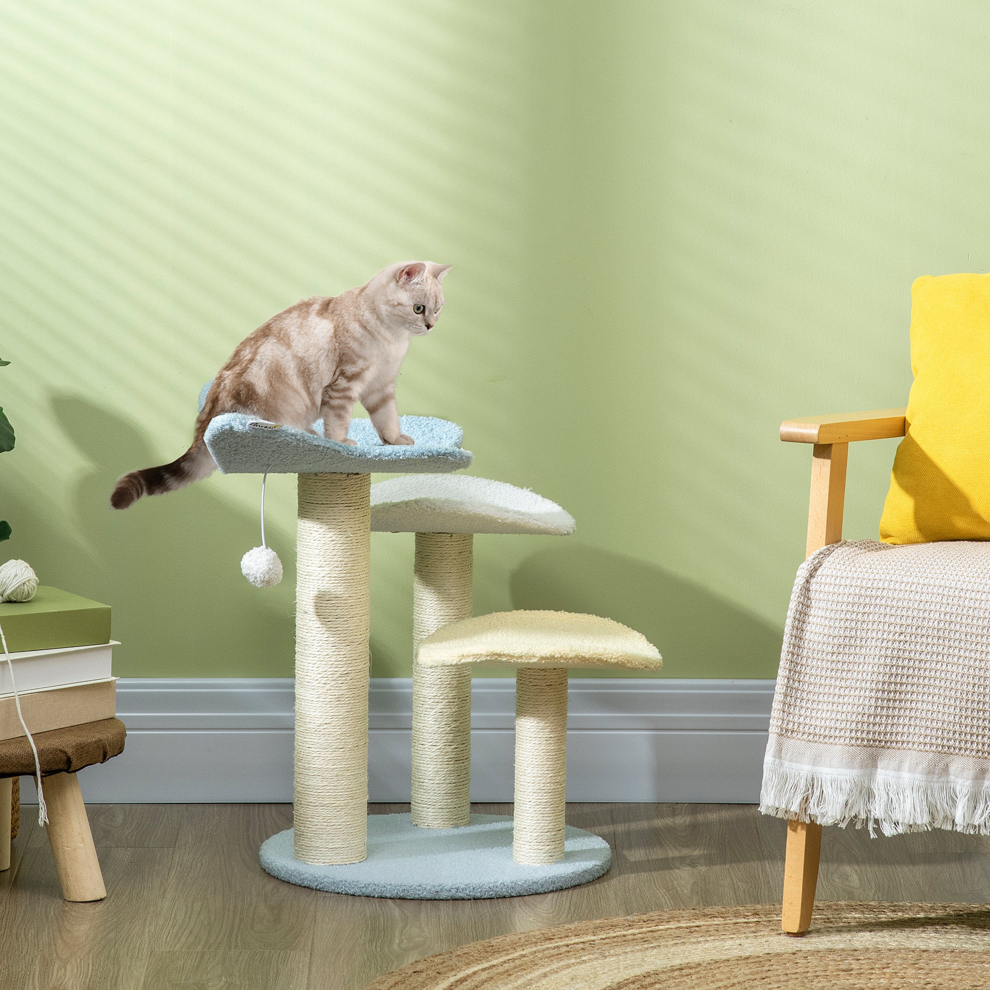 PawHut 54cm Cat Tower for Indoor Cats, Cat Tree Top Butterfly Shape Kitten Play Tower w/ Sisal Scratching Post, Toy Ball, 40 x 40 x 54cm - Blue and Cream