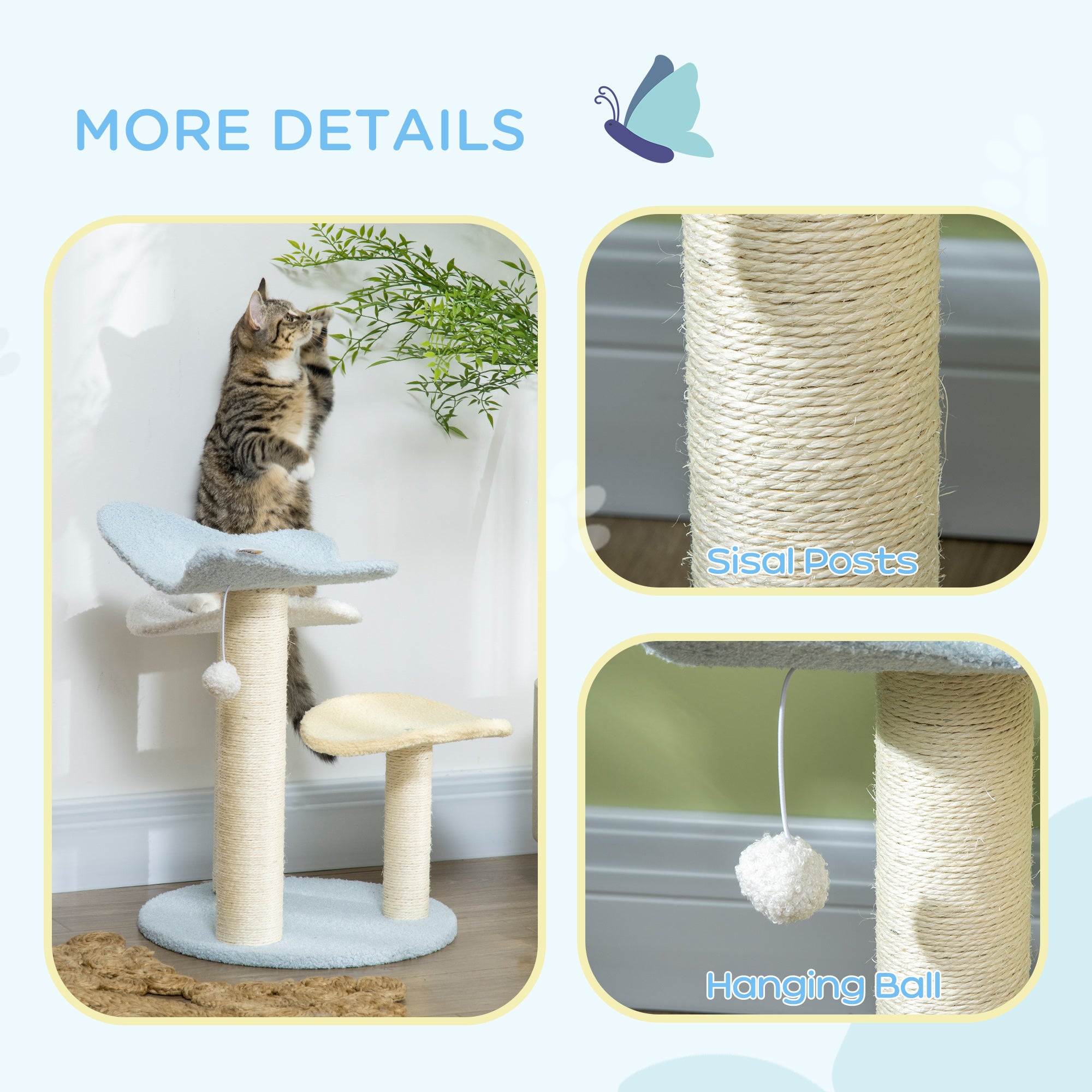 PawHut 54cm Cat Tower for Indoor Cats, Cat Tree Top Butterfly Shape Kitten Play Tower w/ Sisal Scratching Post, Toy Ball, 40 x 40 x 54cm - Blue and Cream