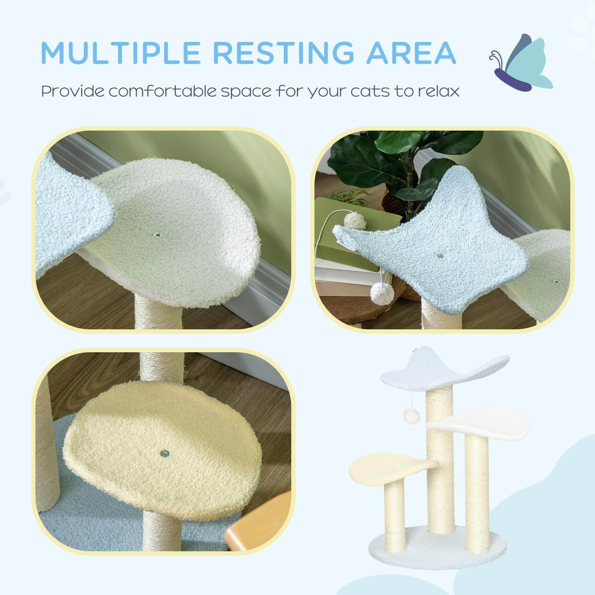 PawHut 54cm Cat Tower for Indoor Cats, Cat Tree Top Butterfly Shape Kitten Play Tower w/ Sisal Scratching Post, Toy Ball, 40 x 40 x 54cm - Blue and Cream