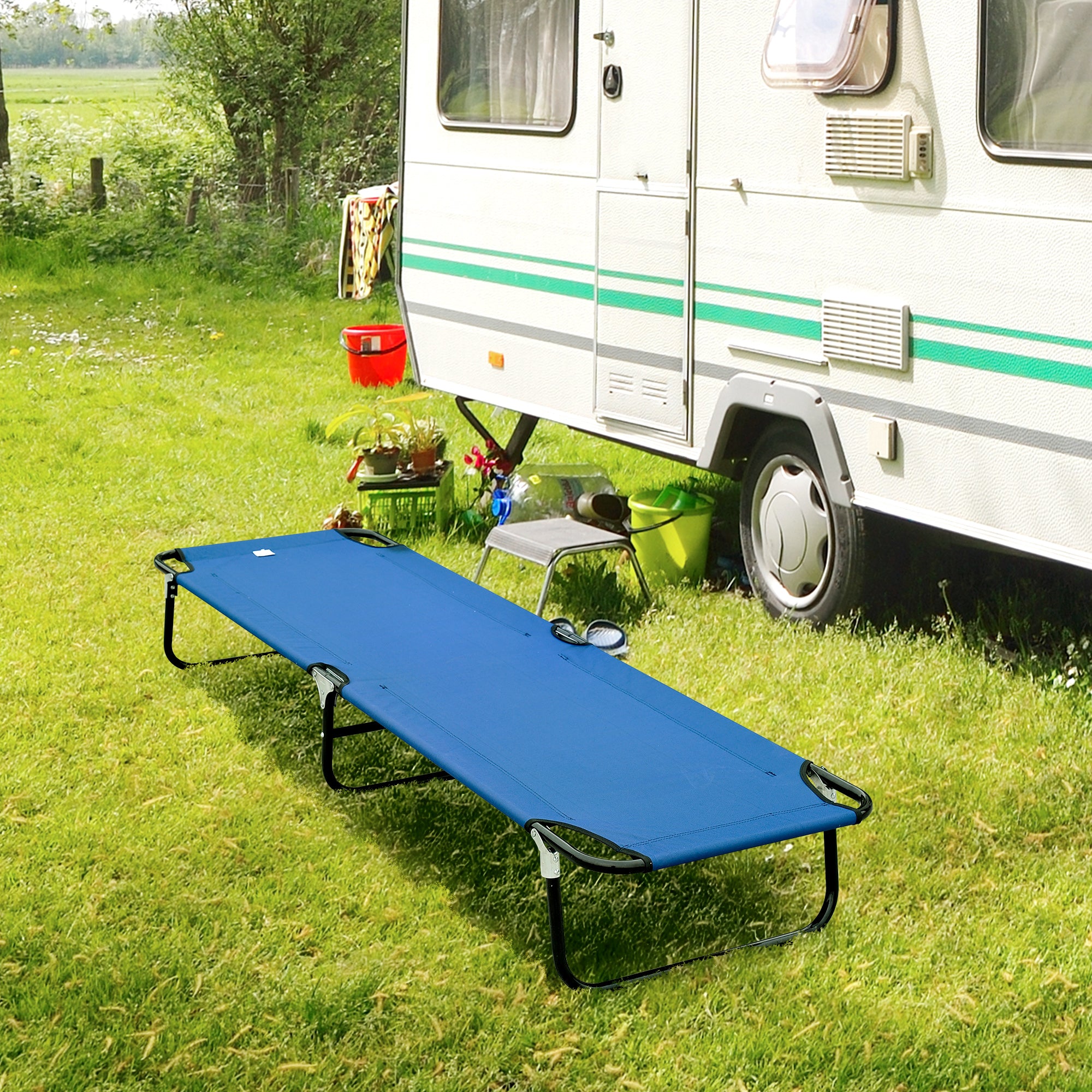 Outsunny Folding Camping Cot for Adults Portable Outdoor Sleeping Bed for Office Beach Home, Blue