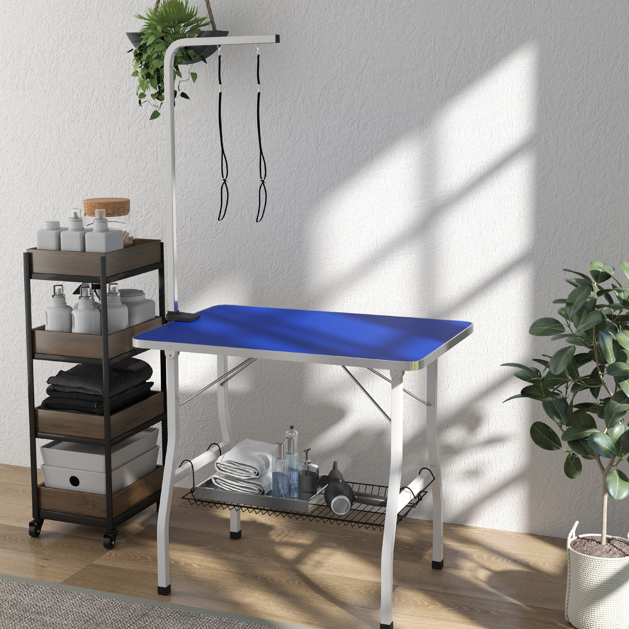PawHut 35in Dog Grooming Table with Adjustable Arm, Foldable Pet Grooming Table with Mesh Tray, Two Nooses, Rubber Surface, 35" x 24" x 61", Blue