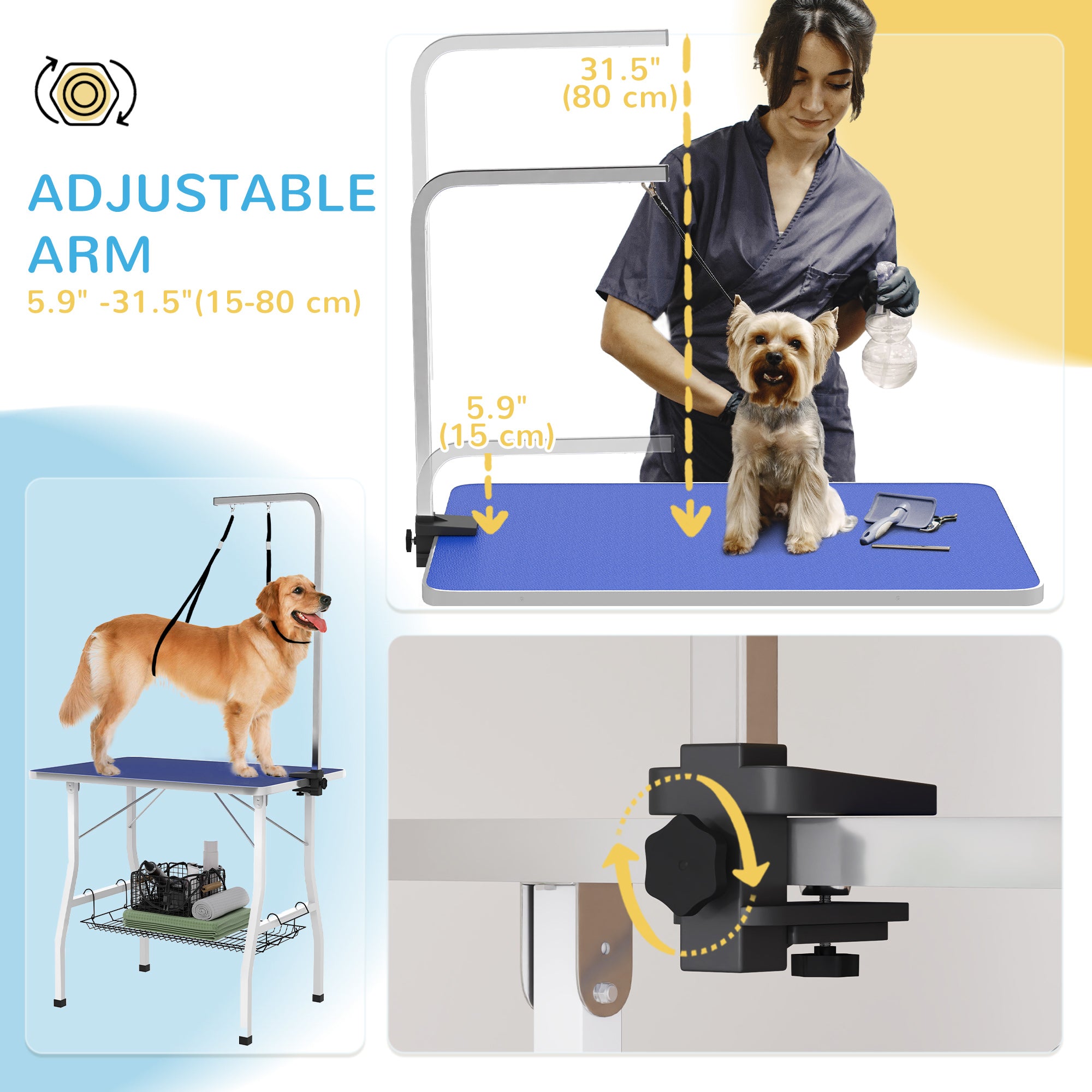 PawHut 35in Dog Grooming Table with Adjustable Arm, Foldable Pet Grooming Table with Mesh Tray, Two Nooses, Rubber Surface, 35" x 24" x 61", Blue