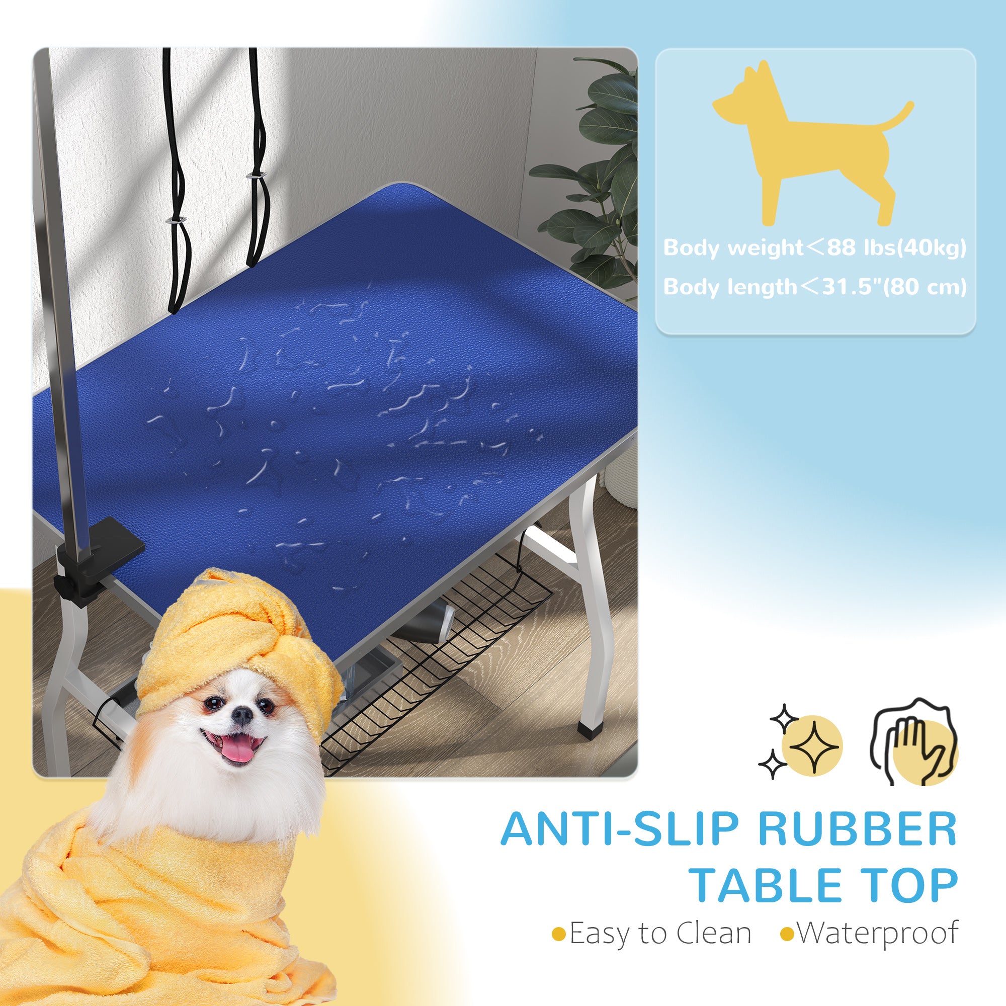 PawHut 35in Dog Grooming Table with Adjustable Arm, Foldable Pet Grooming Table with Mesh Tray, Two Nooses, Rubber Surface, 35" x 24" x 61", Blue