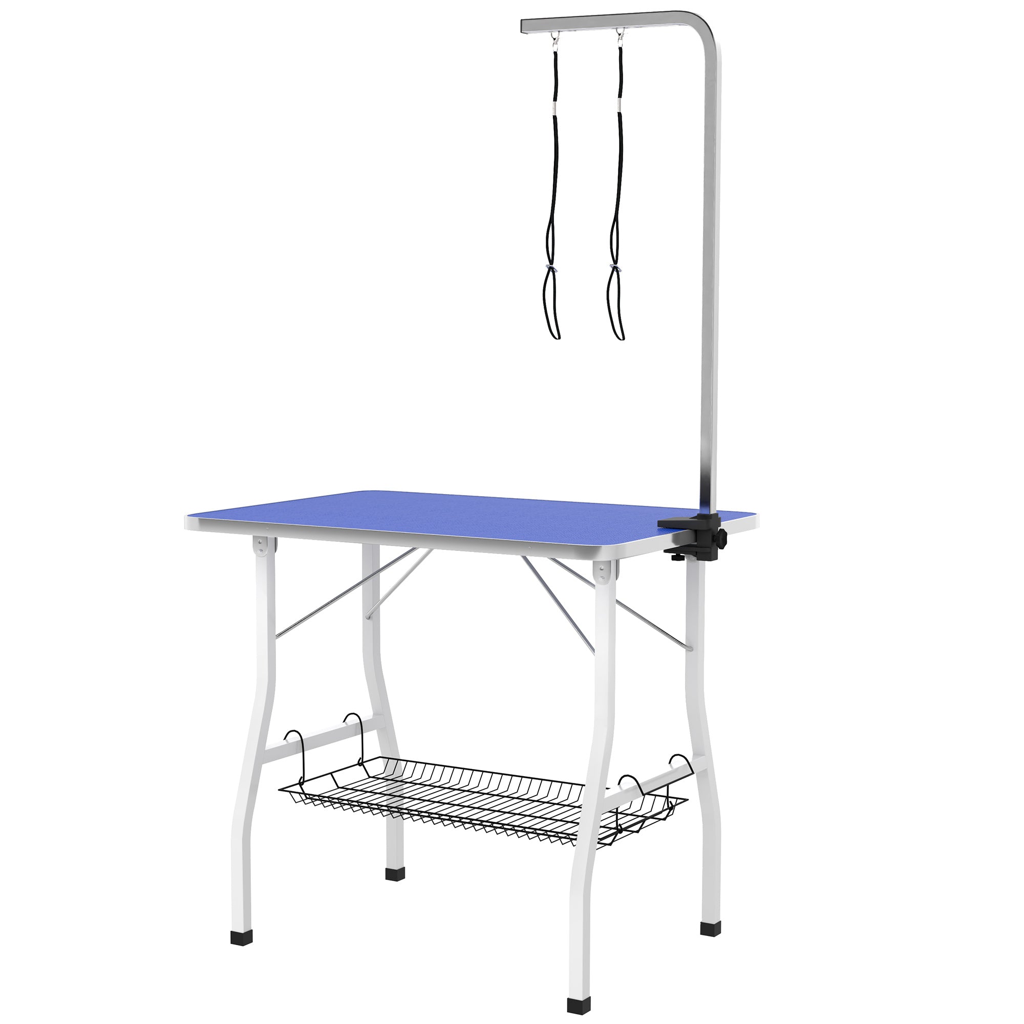 PawHut 35in Dog Grooming Table with Adjustable Arm, Foldable Pet Grooming Table with Mesh Tray, Two Nooses, Rubber Surface, 35" x 24" x 61", Blue