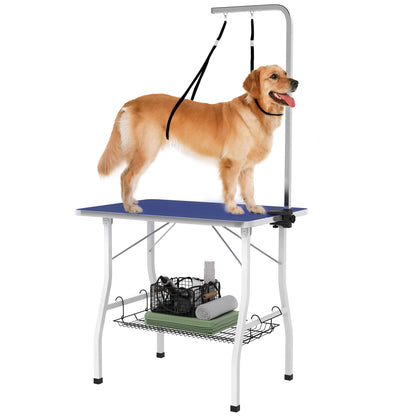 PawHut 35in Dog Grooming Table with Adjustable Arm, Foldable Pet Grooming Table with Mesh Tray, Two Nooses, Rubber Surface, 35" x 24" x 61", Blue