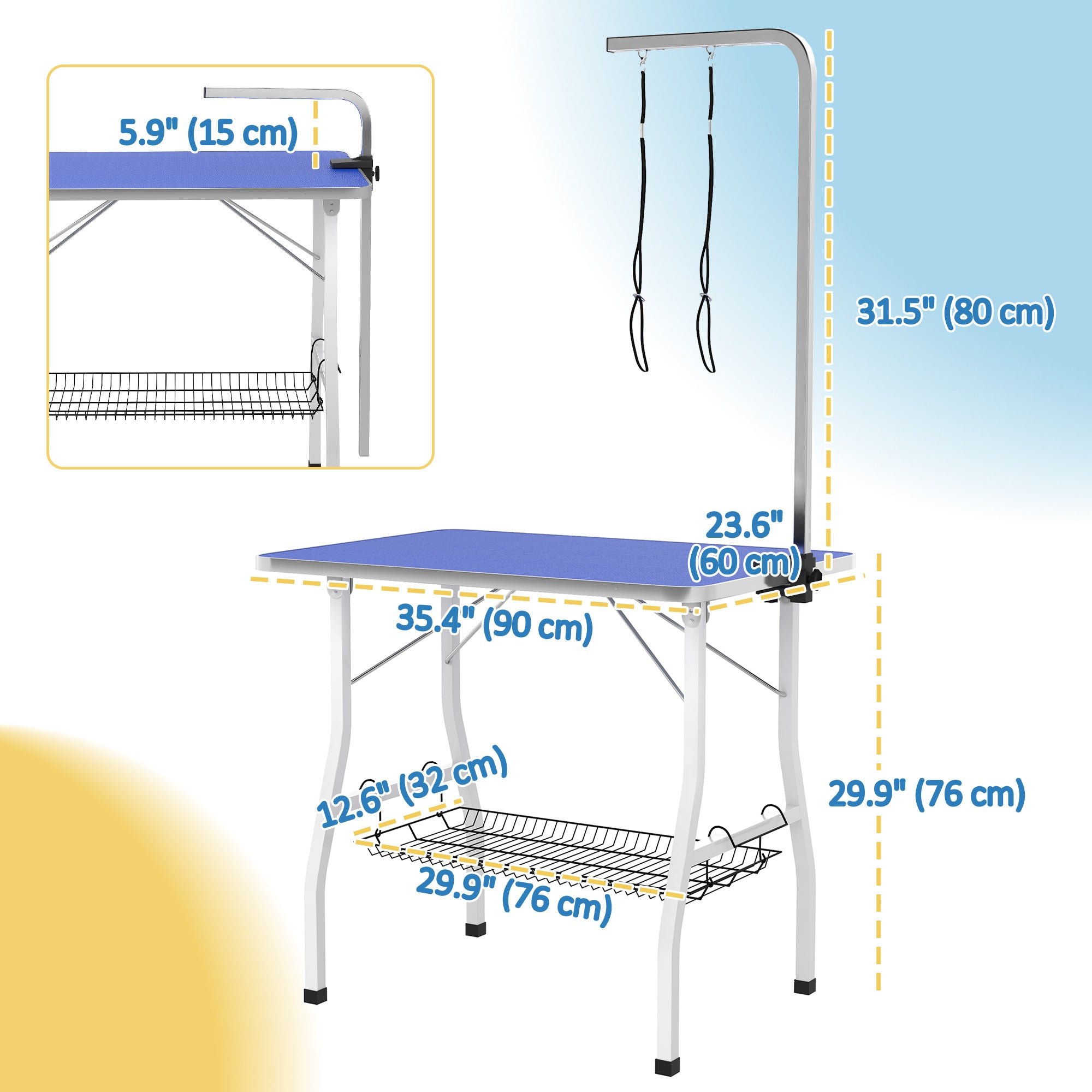 PawHut 35in Dog Grooming Table with Adjustable Arm, Foldable Pet Grooming Table with Mesh Tray, Two Nooses, Rubber Surface, 35" x 24" x 61", Blue