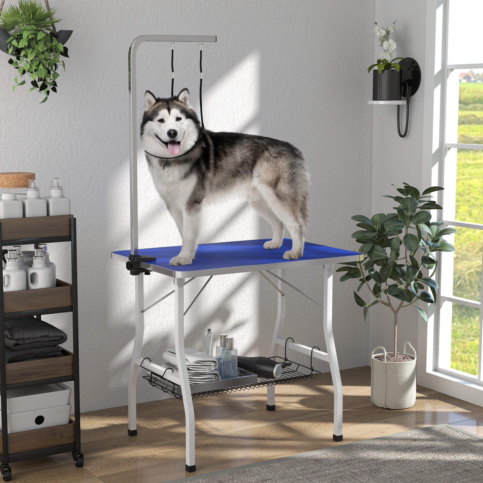 PawHut 35in Dog Grooming Table with Adjustable Arm, Foldable Pet Grooming Table with Mesh Tray, Two Nooses, Rubber Surface, 35" x 24" x 61", Blue
