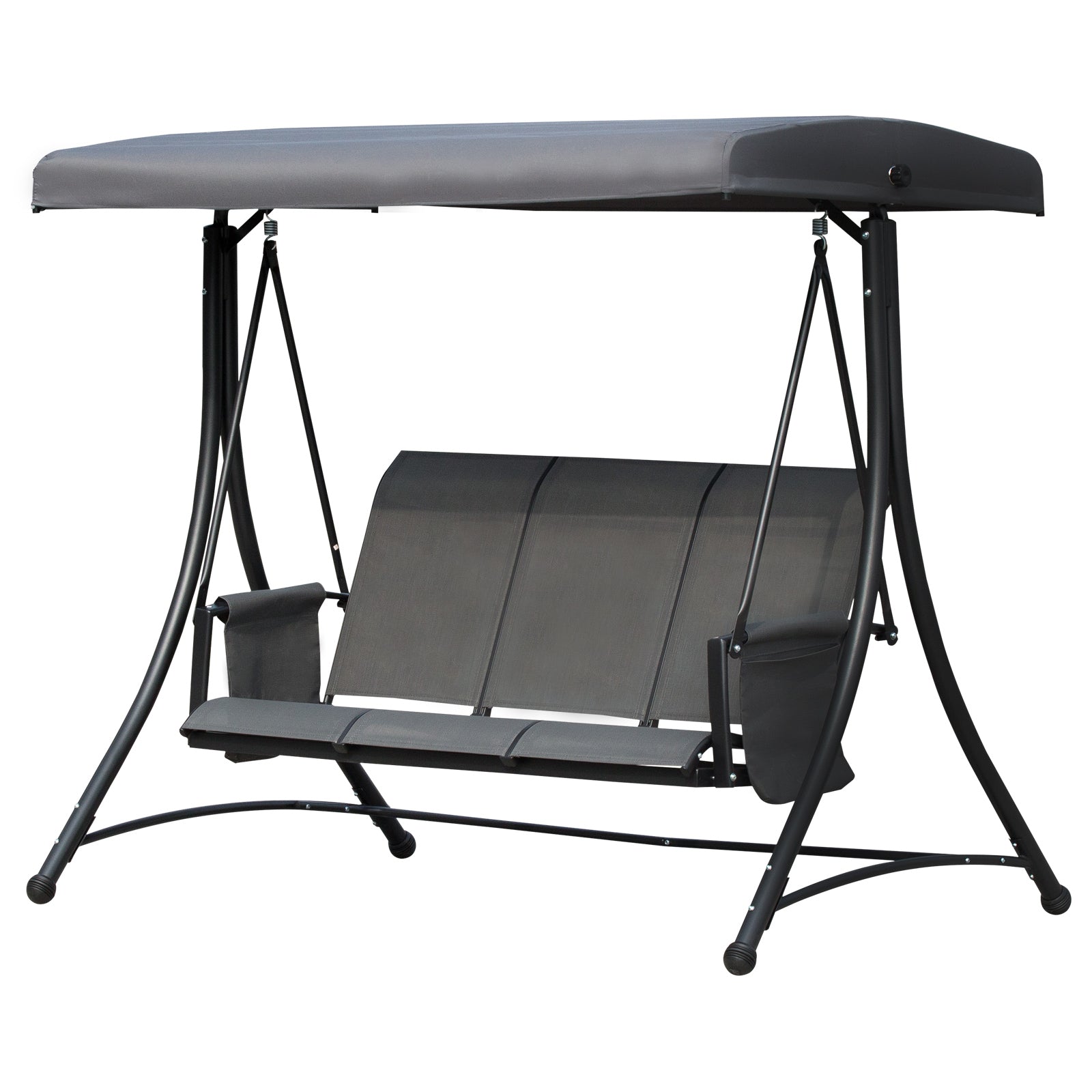 Outsunny 3 Person Porch Swing Outdoor Swing Chair with High Back Design, Side Pouches and Adjustable Canopy, Dark Grey
