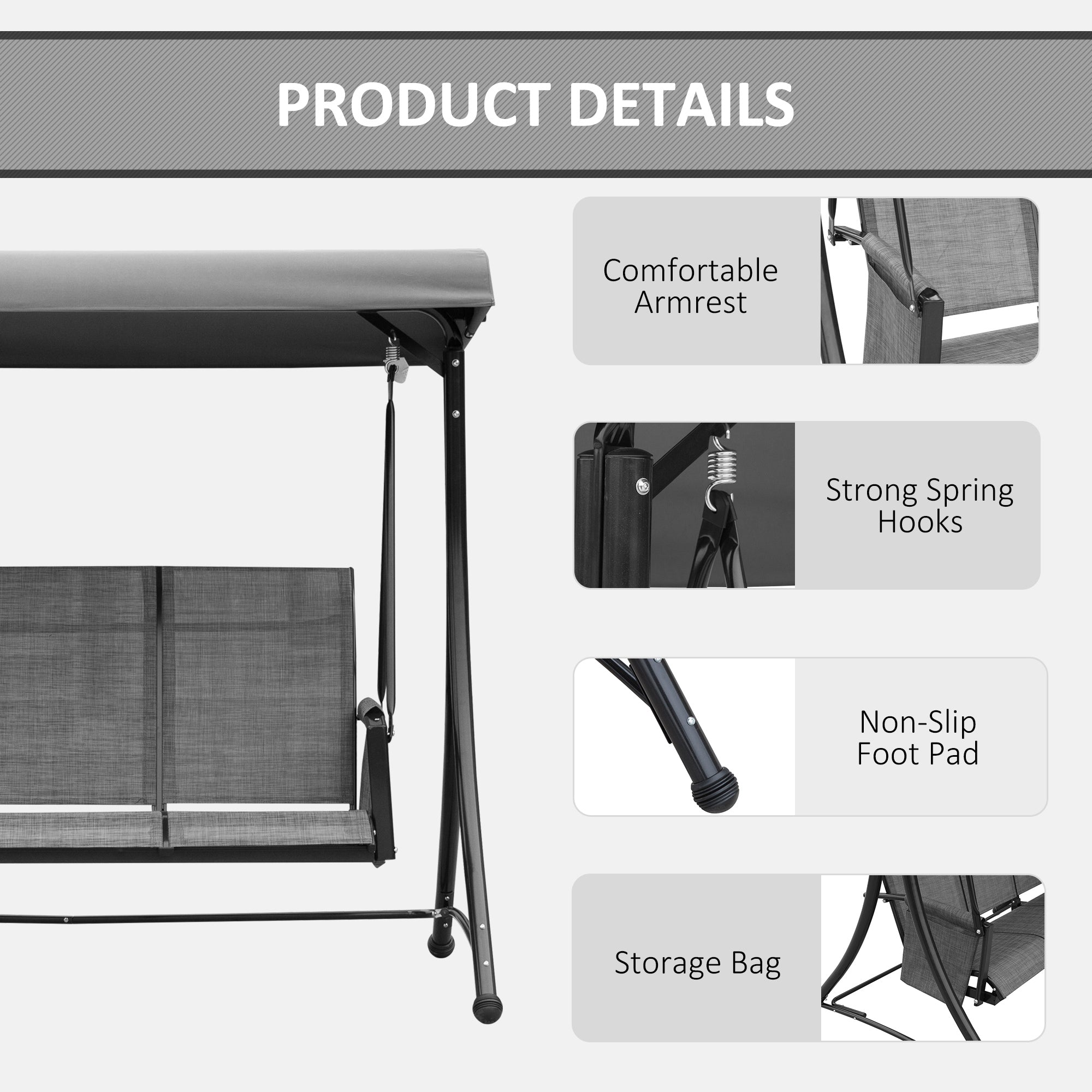 Outsunny 3 Person Porch Swing Outdoor Swing Chair with High Back Design, Side Pouches and Adjustable Canopy, Dark Grey