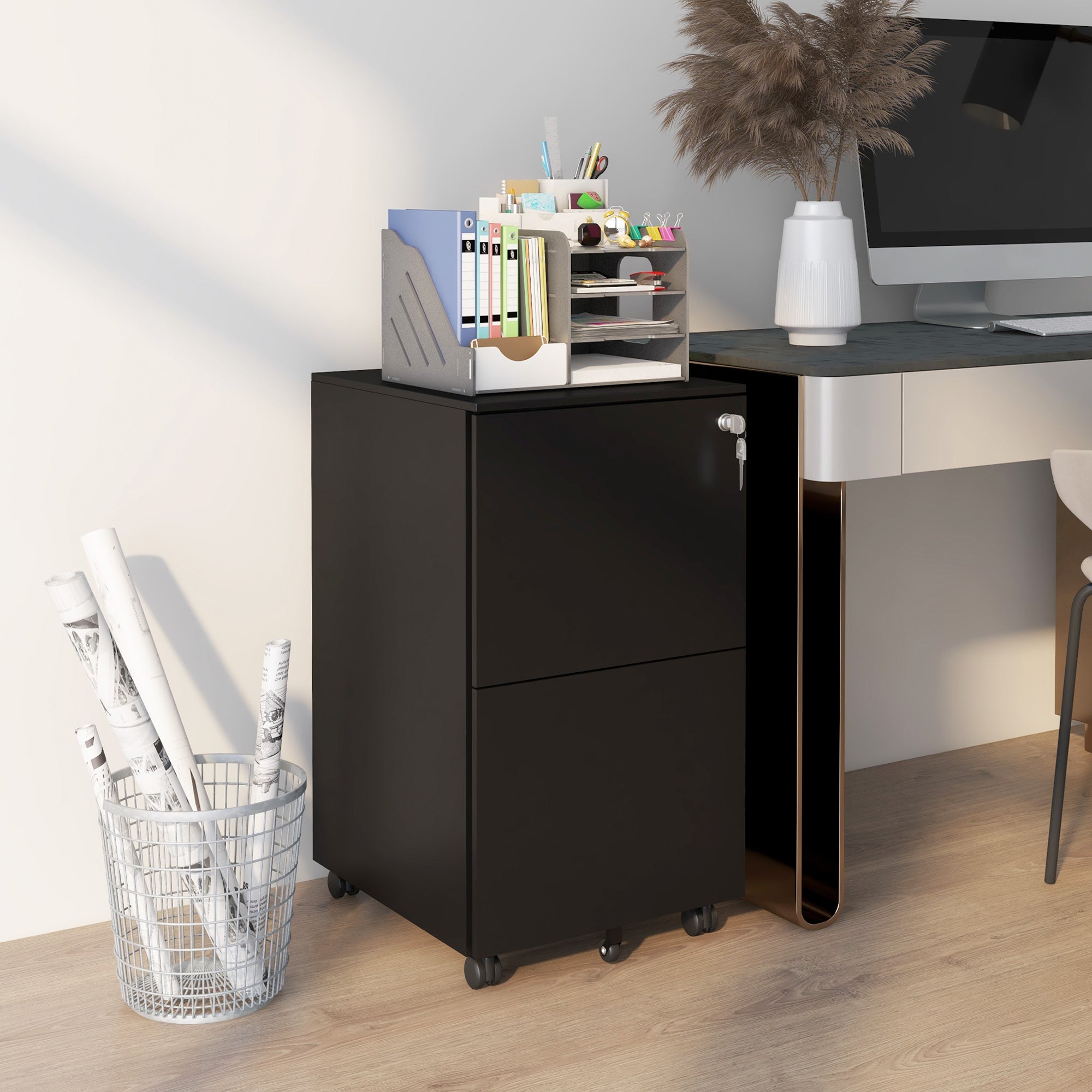 Vinsetto Vertical Steel Filing Cabinet on Wheels, 2-Drawer Lockable File Cabinet with Adjustable Hanging Bar for A4, Legal and Letter Size, Black