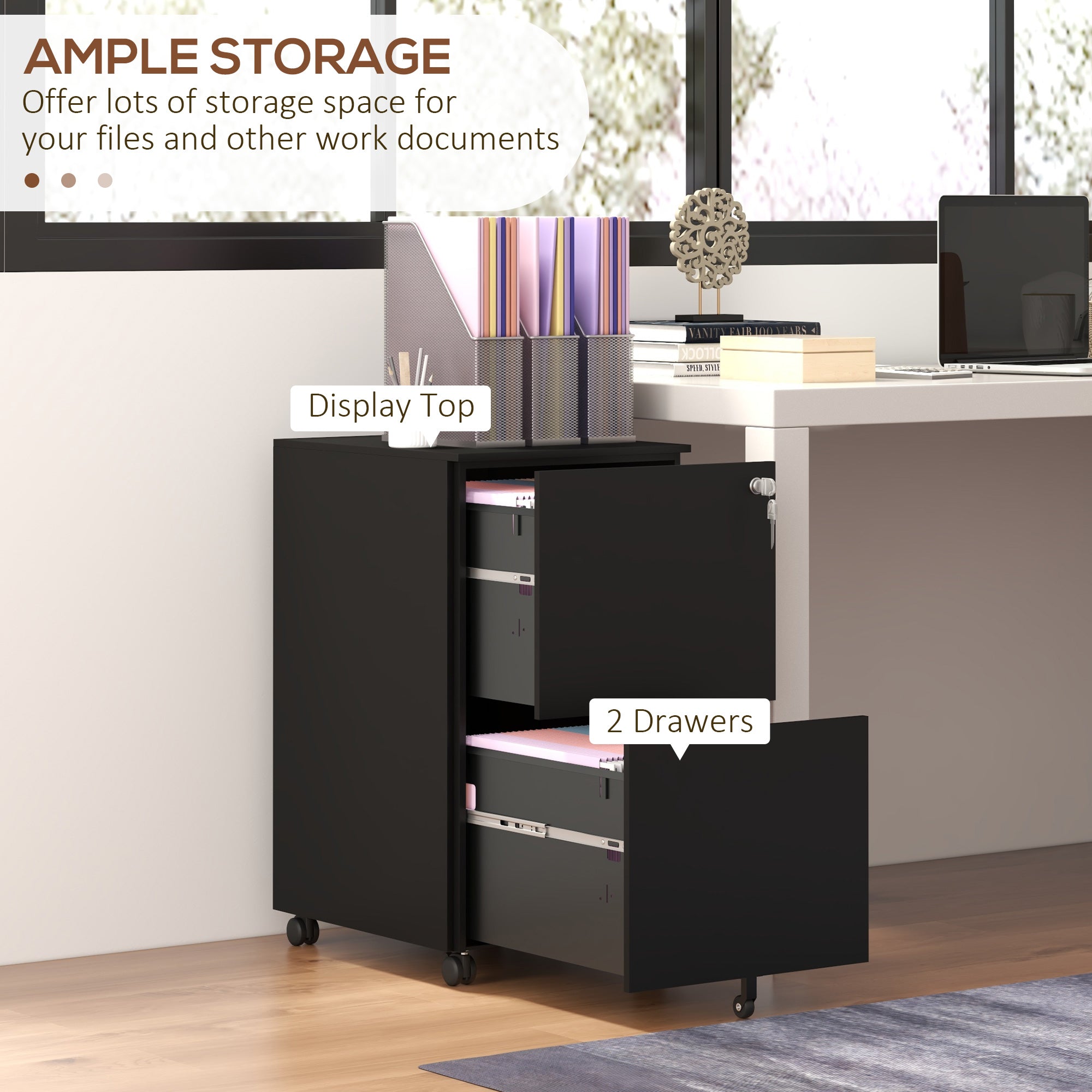 Vinsetto Vertical Steel Filing Cabinet on Wheels, 2-Drawer Lockable File Cabinet with Adjustable Hanging Bar for A4, Legal and Letter Size, Black