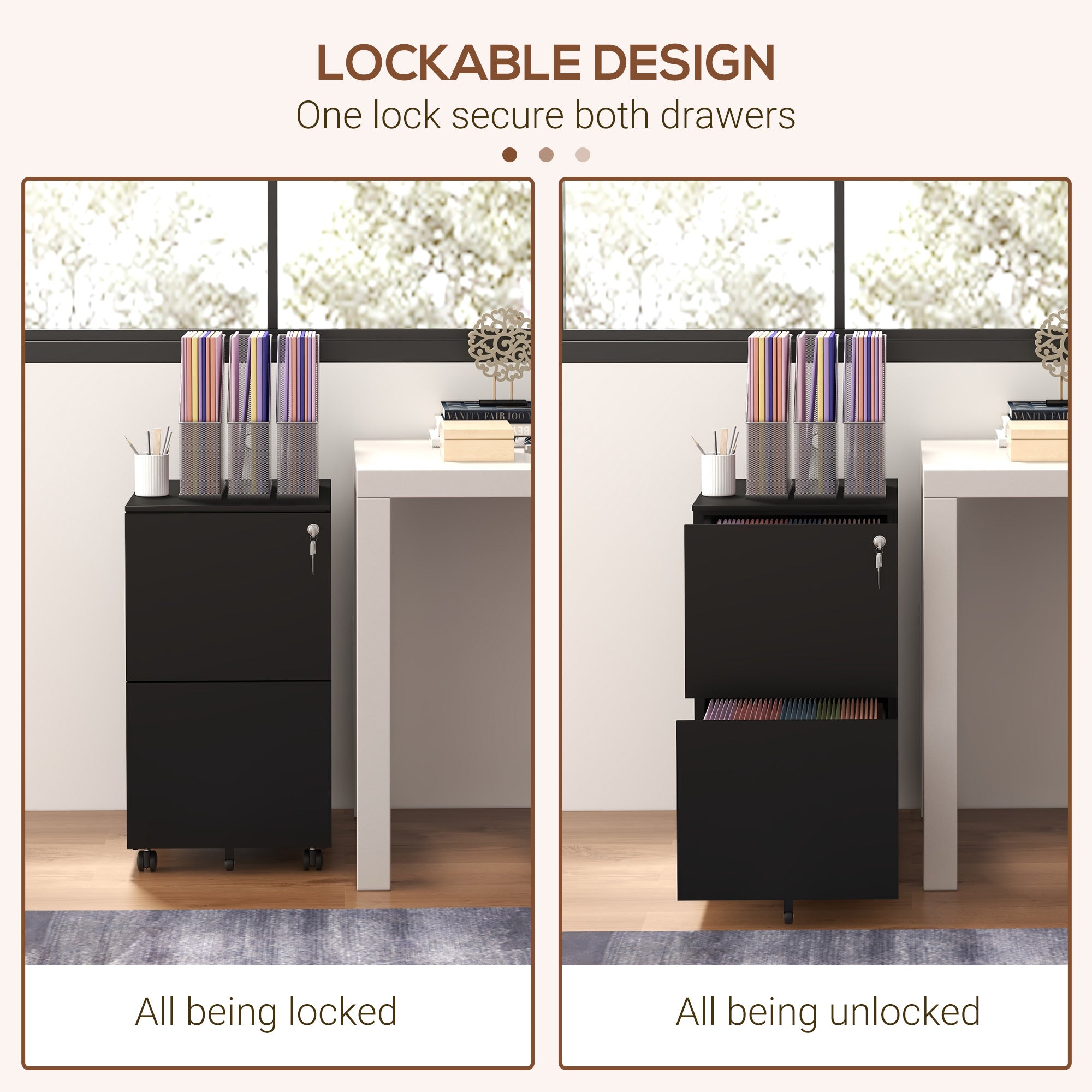 Vinsetto Vertical Steel Filing Cabinet on Wheels, 2-Drawer Lockable File Cabinet with Adjustable Hanging Bar for A4, Legal and Letter Size, Black