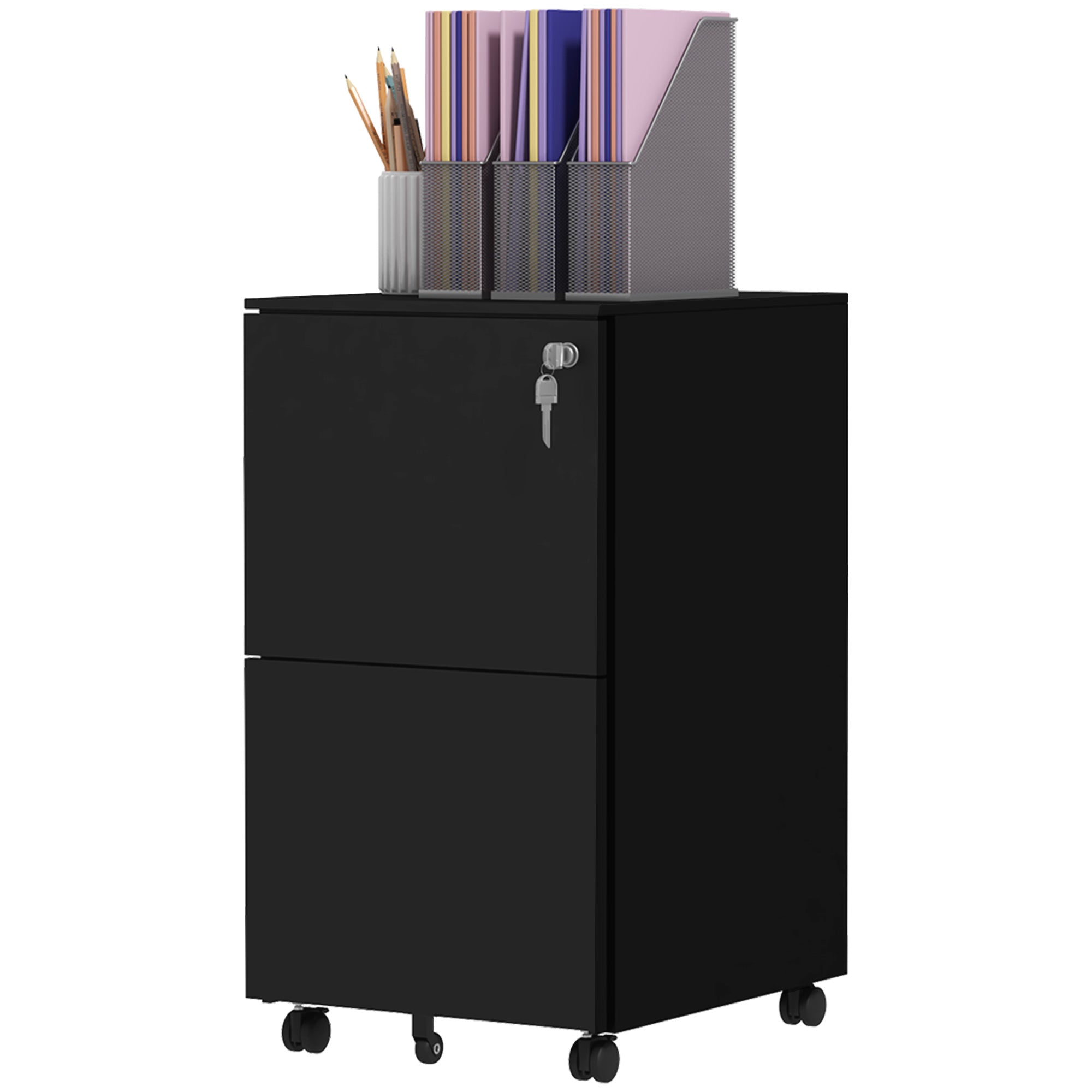 Vinsetto Vertical Steel Filing Cabinet on Wheels, 2-Drawer Lockable File Cabinet with Adjustable Hanging Bar for A4, Legal and Letter Size, Black