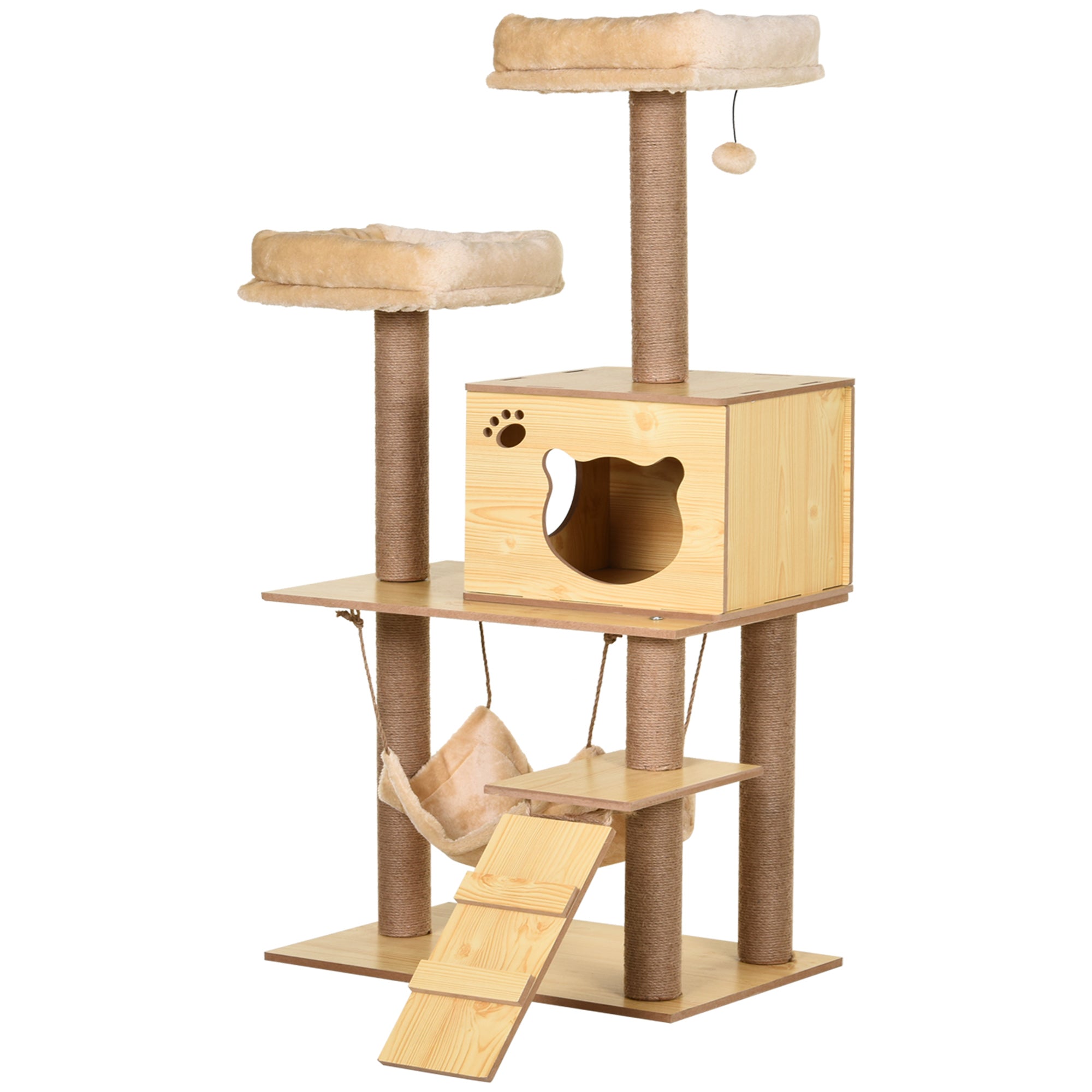PawHut Wooden Cat Tree for Indoor Cats Climbing Tower for Large Cats with 5 Scratching Posts Hammock Toy Ball 130cm