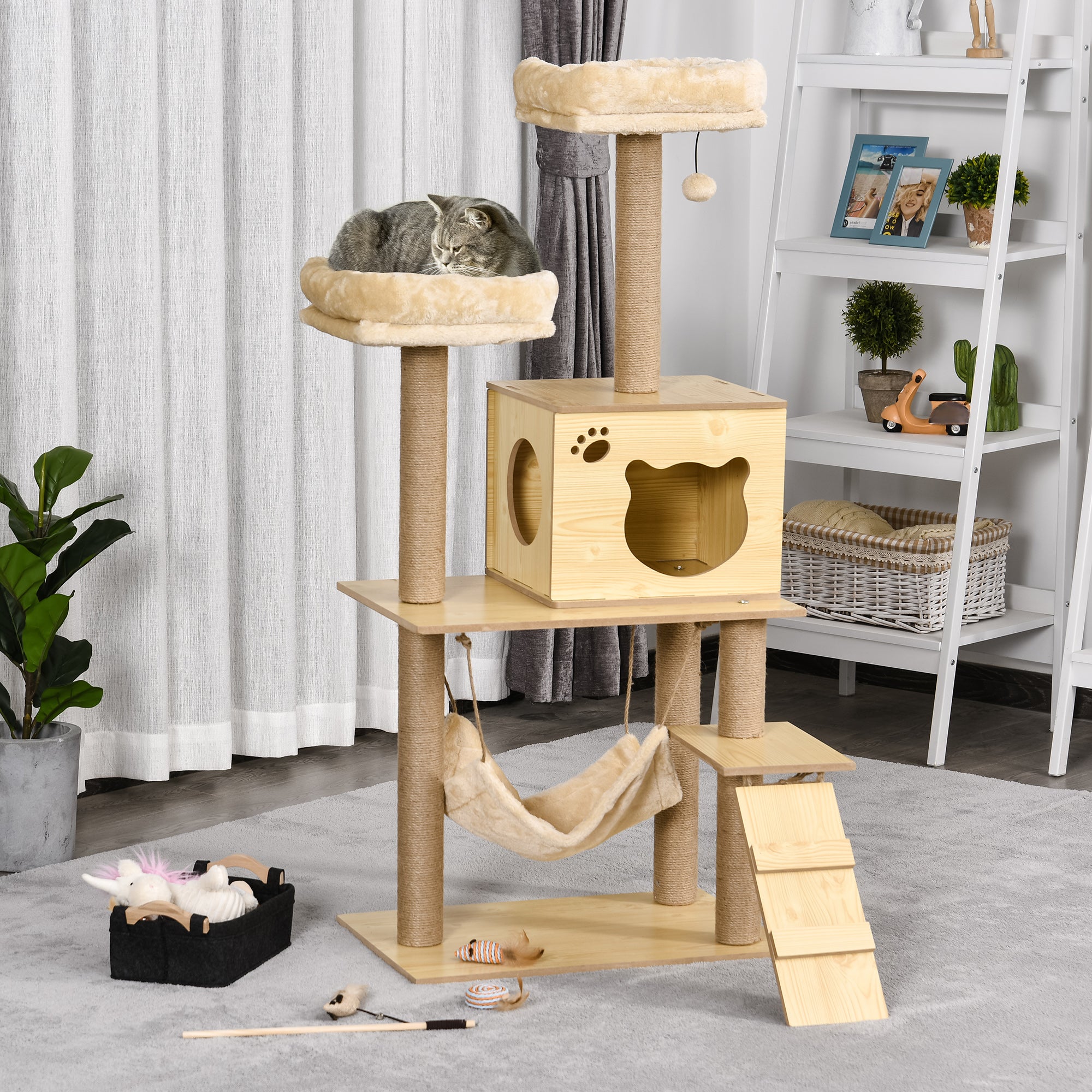 PawHut Wooden Cat Tree for Indoor Cats Climbing Tower for Large Cats with 5 Scratching Posts Hammock Toy Ball 130cm