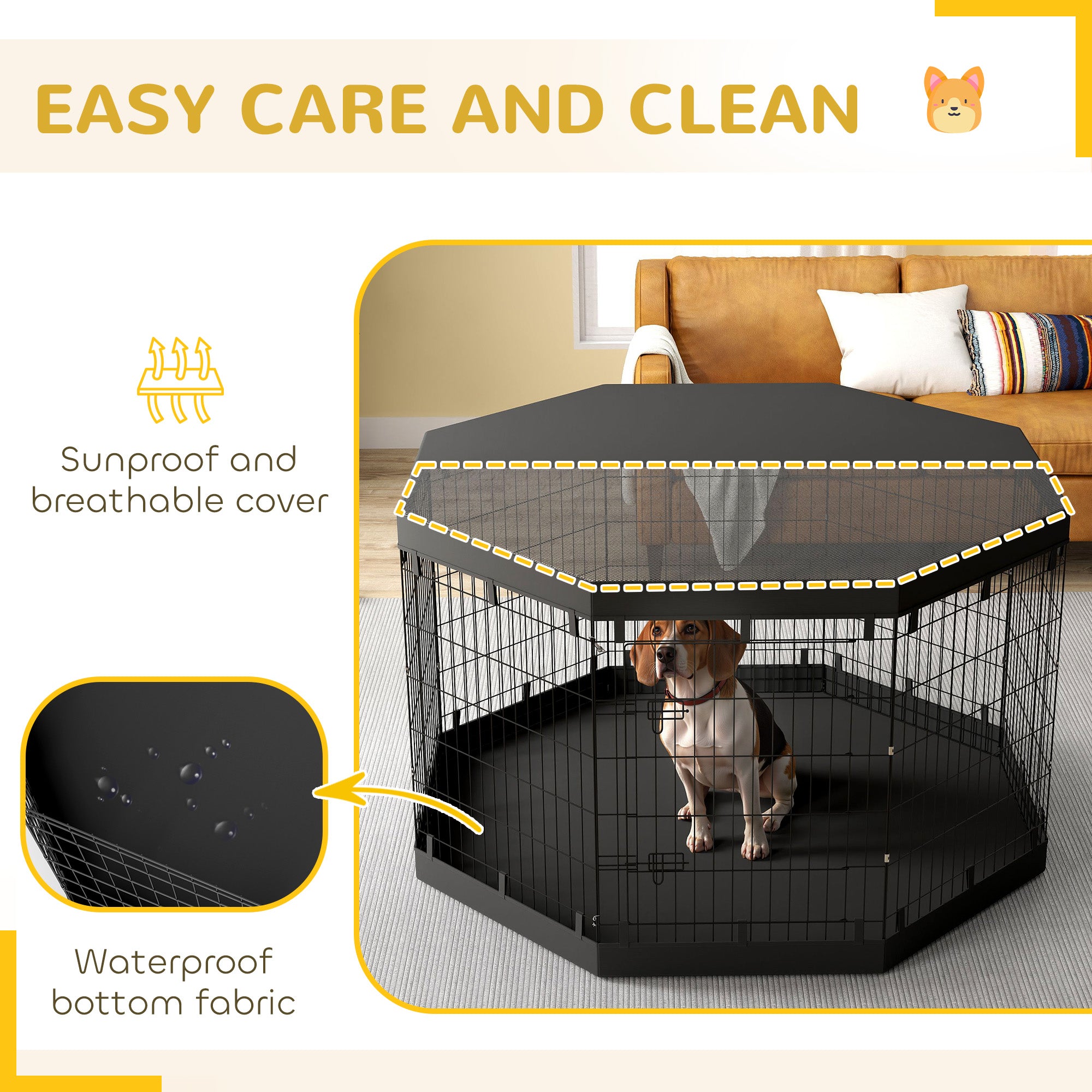 PawHut Dog Playpen, 8 Panels Foldable Dog Pen with Waterproof Bottom Pad, Sunproof Top Cover, 36"H Dog Fence for Indoor Outdoor, for Medium Small Dogs and Pets