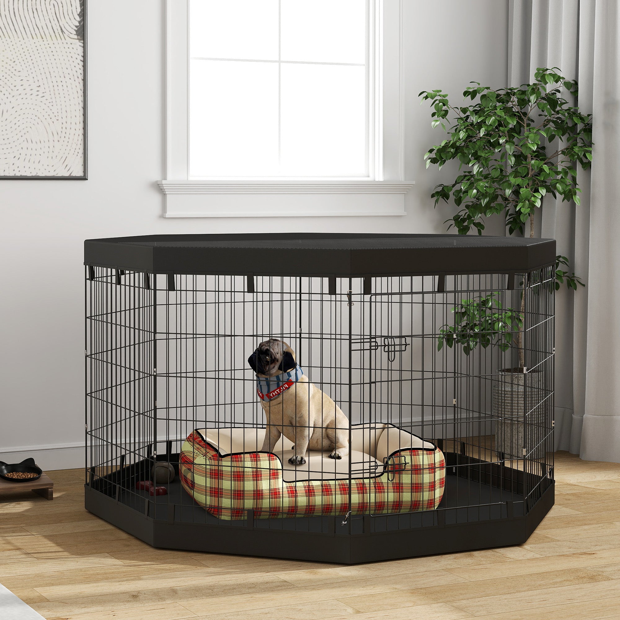 PawHut Dog Playpen, 8 Panels Foldable Dog Pen with Waterproof Bottom Pad, Sunproof Top Cover, 36"H Dog Fence for Indoor Outdoor, for Medium Small Dogs and Pets