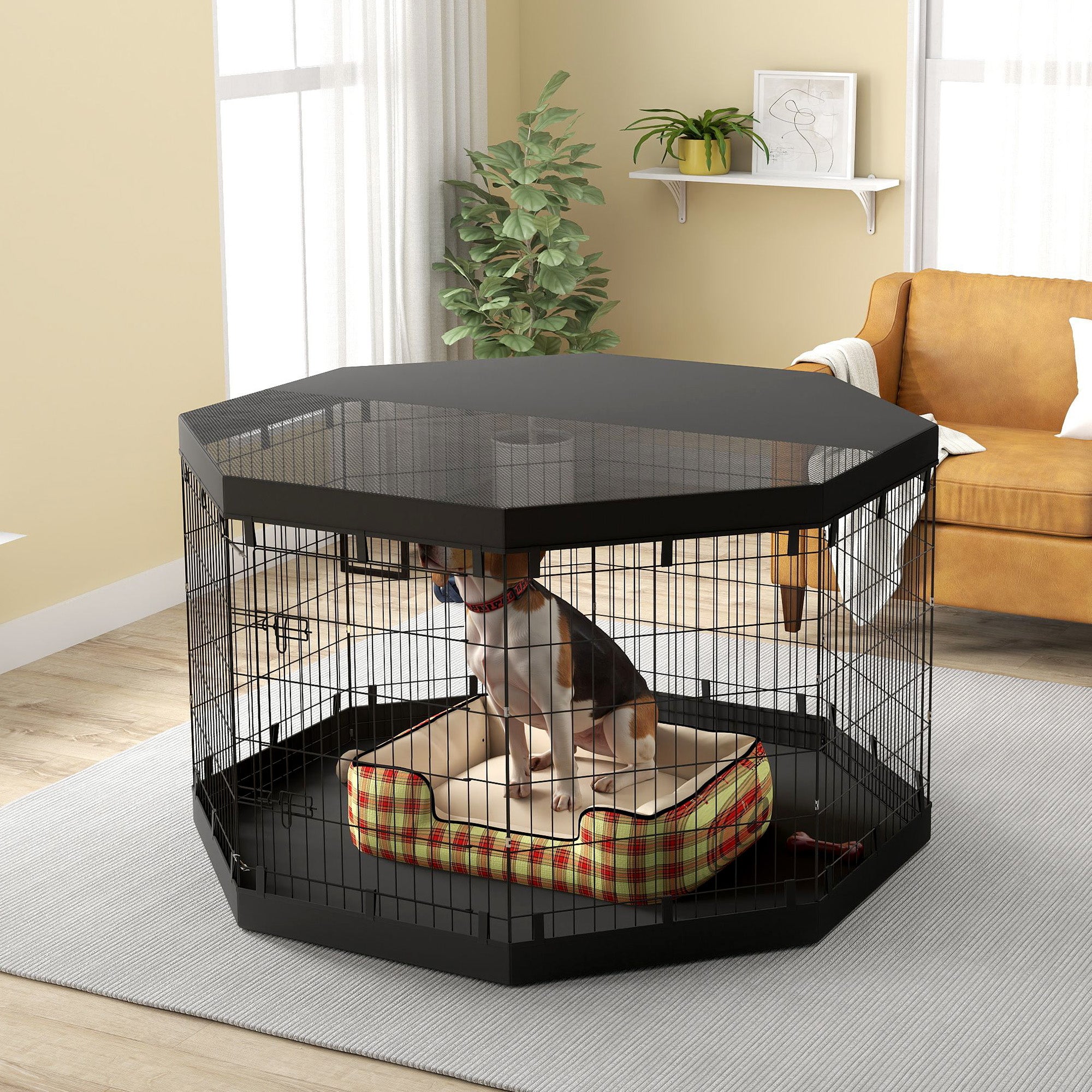PawHut Dog Playpen, 8 Panels Foldable Dog Pen with Waterproof Bottom Pad, Sunproof Top Cover, 36"H Dog Fence for Indoor Outdoor, for Medium Small Dogs and Pets