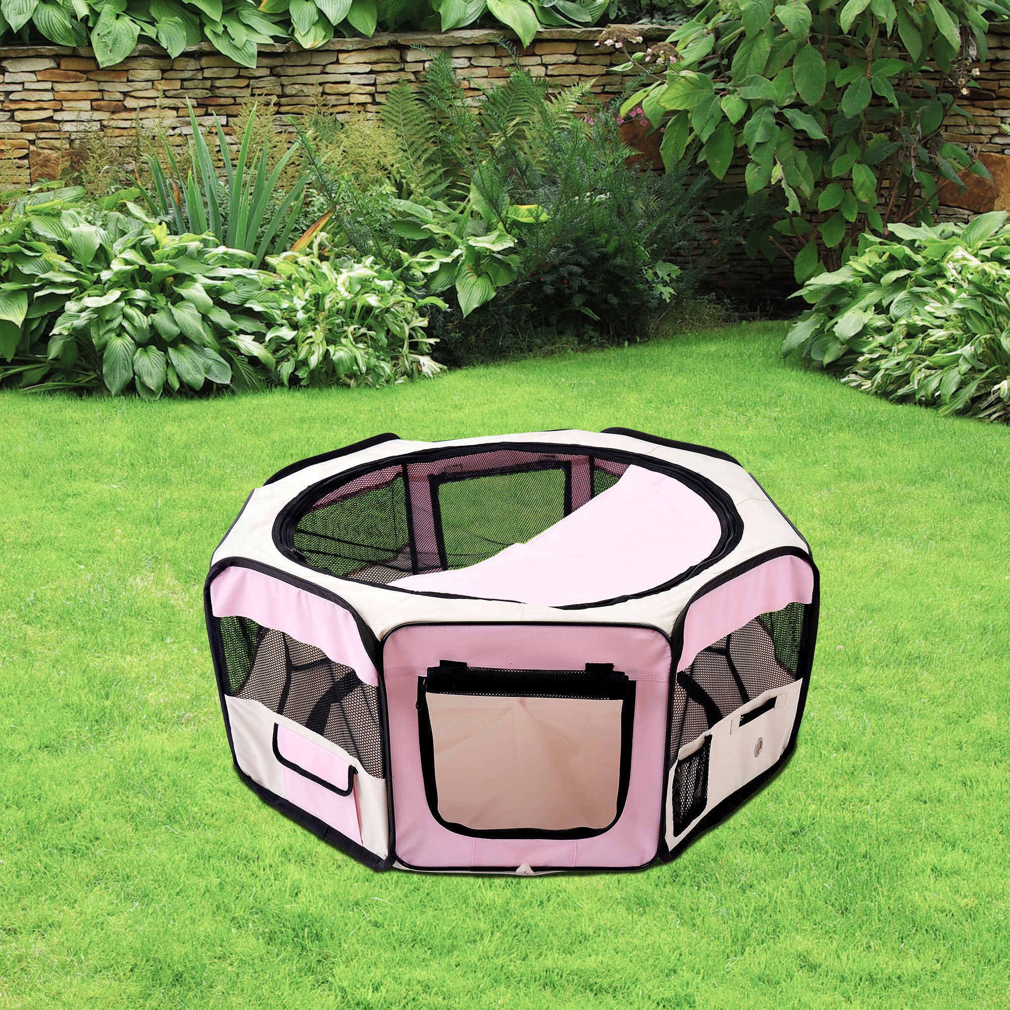 PawHut Portable Cat Dog Playpen Pet Puppy Rabbit Guinea Pig Pen Run Dia 90 x 41H cm Indoor & Outdoor Pink
