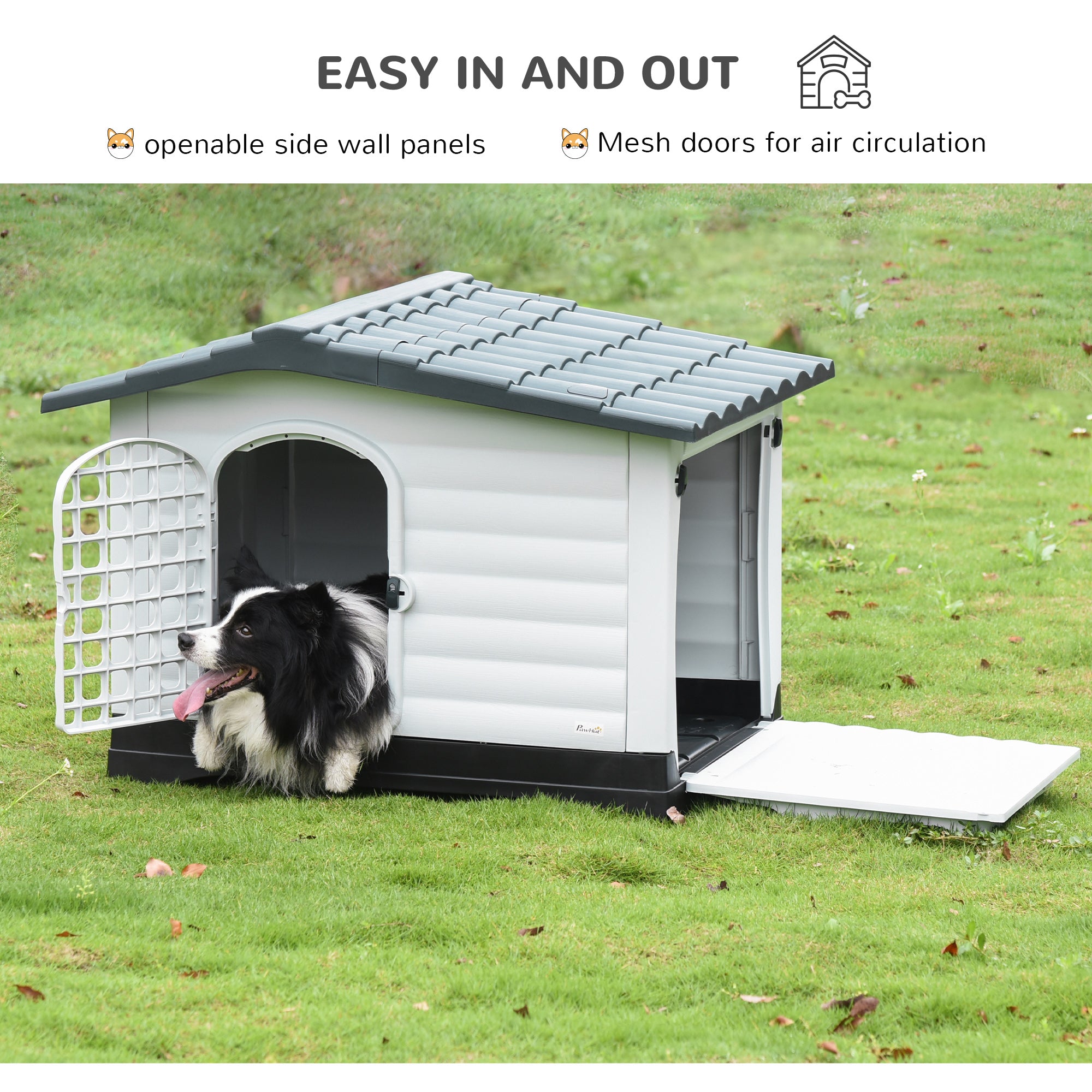 PawHut Plastic Dog House Puppy Kennel Pet Shelter with Raised Base Window Door for Large Medium Dogs Indoor & Outdoor 44"L x 33"W x 31.5"H Grey, White