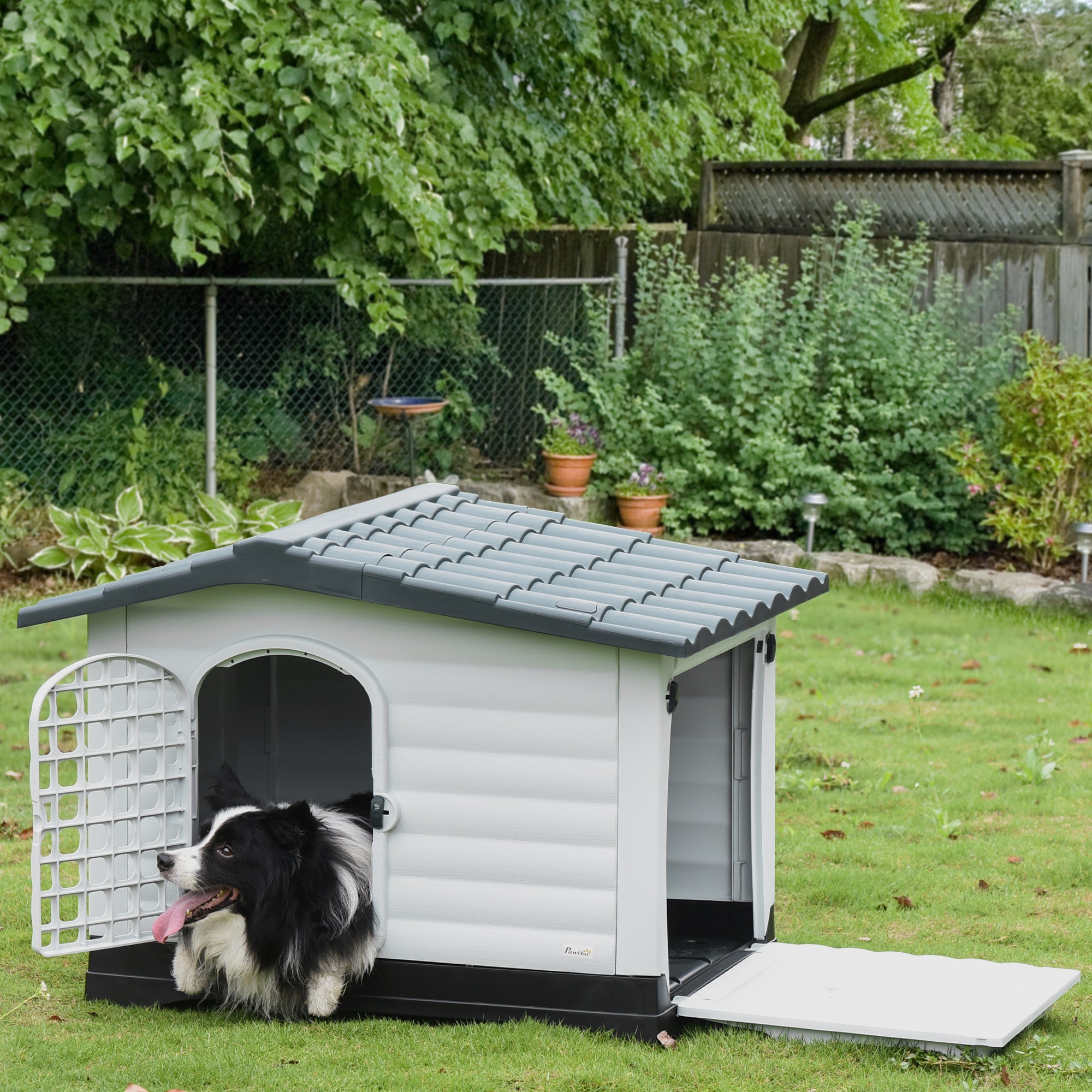 PawHut Plastic Dog House Puppy Kennel Pet Shelter with Raised Base Window Door for Large Medium Dogs Indoor & Outdoor 44"L x 33"W x 31.5"H Grey, White