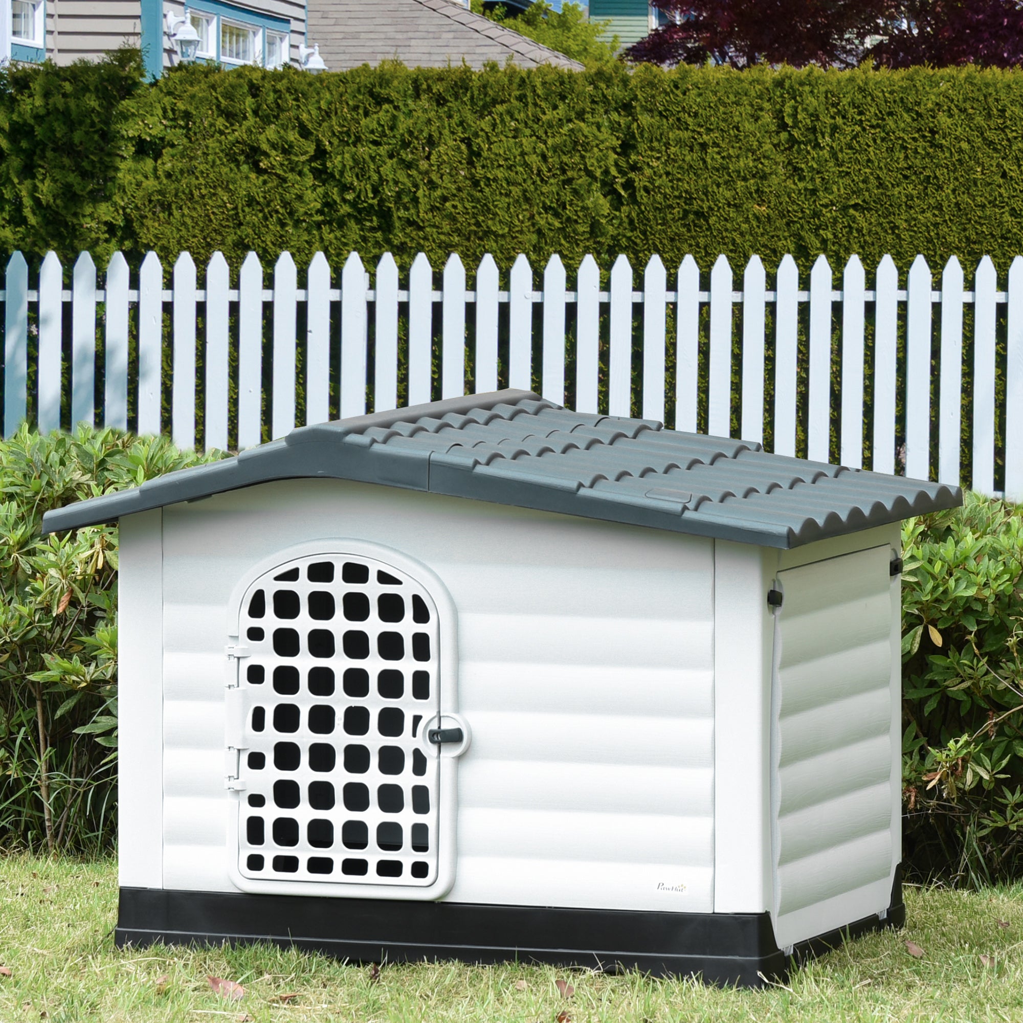 PawHut Plastic Dog House Puppy Kennel Pet Shelter with Raised Base Window Door for Large Medium Dogs Indoor & Outdoor 44"L x 33"W x 31.5"H Grey, White